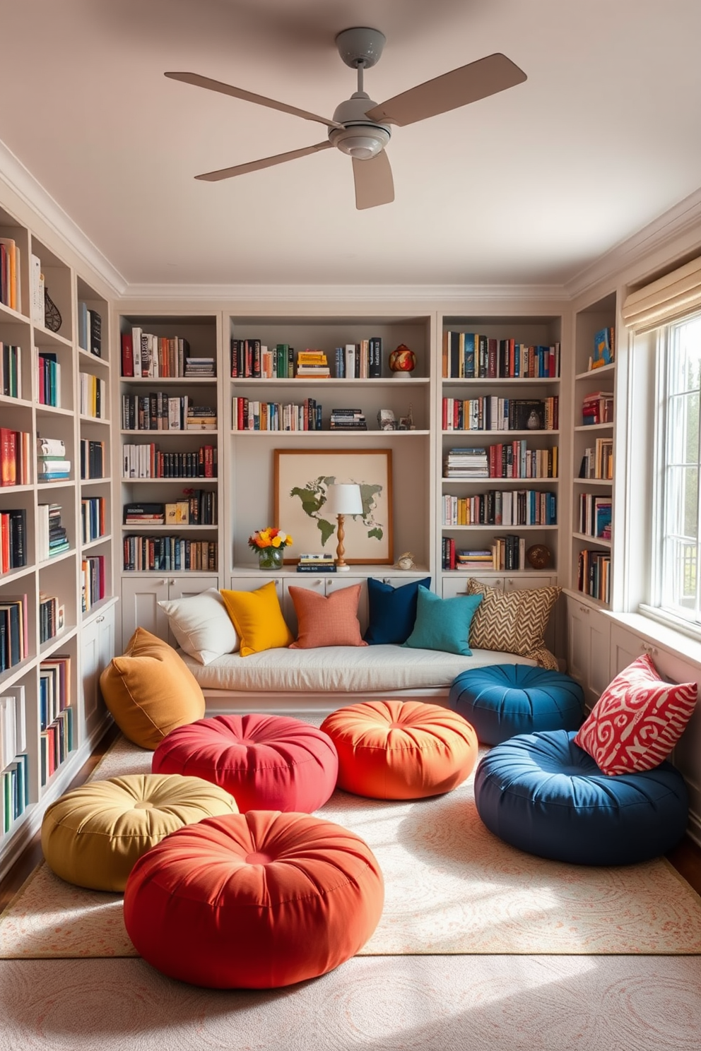 A cozy bedroom reading nook featuring colorful poufs arranged for flexible seating. The nook is bathed in natural light from a large window, with bookshelves lining the walls filled with an array of books and decorative items.