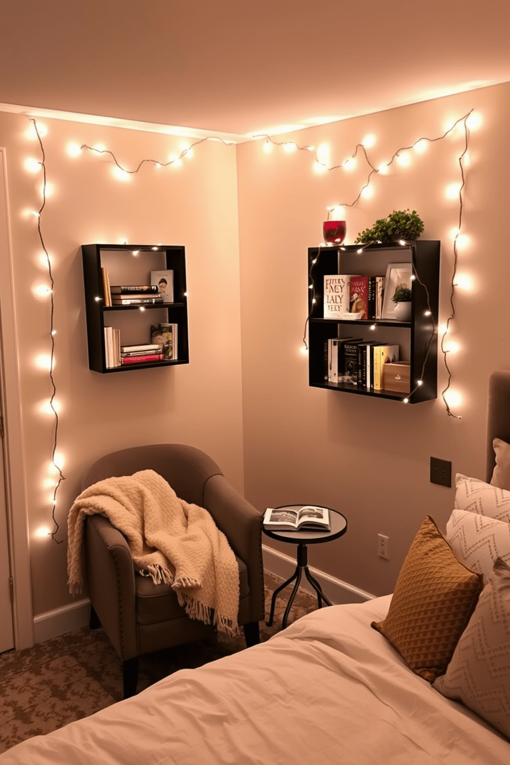 A cozy bedroom reading nook features wall-mounted shelves adorned with fairy lights, creating a warm and inviting atmosphere. A comfortable armchair is positioned nearby, complemented by a soft throw blanket and a small side table for books and beverages.