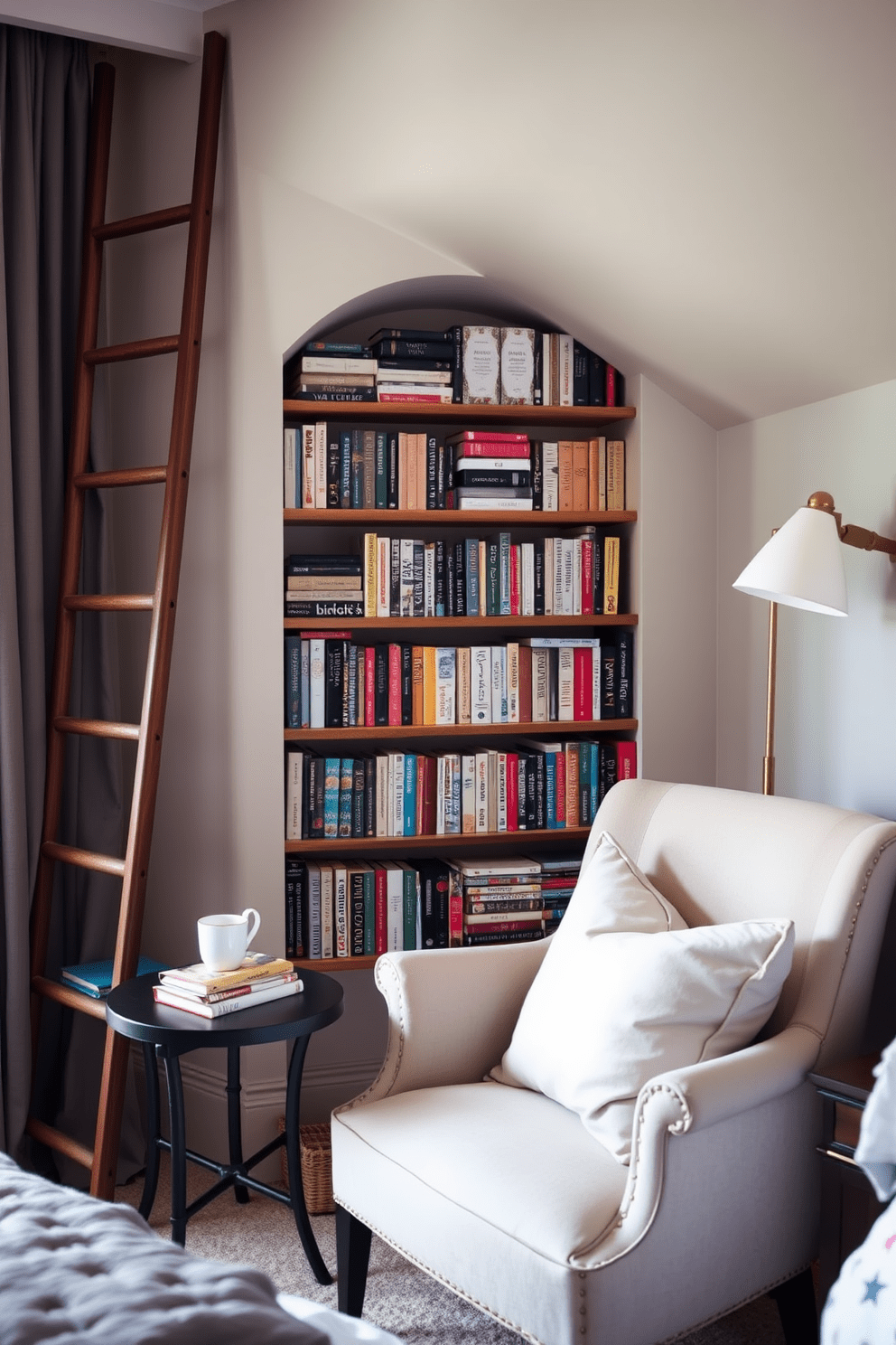 A cozy bedroom reading nook featuring a stylish ladder shelf filled with favorite books. The nook includes a comfortable armchair with soft cushions and a small side table for a cup of tea.