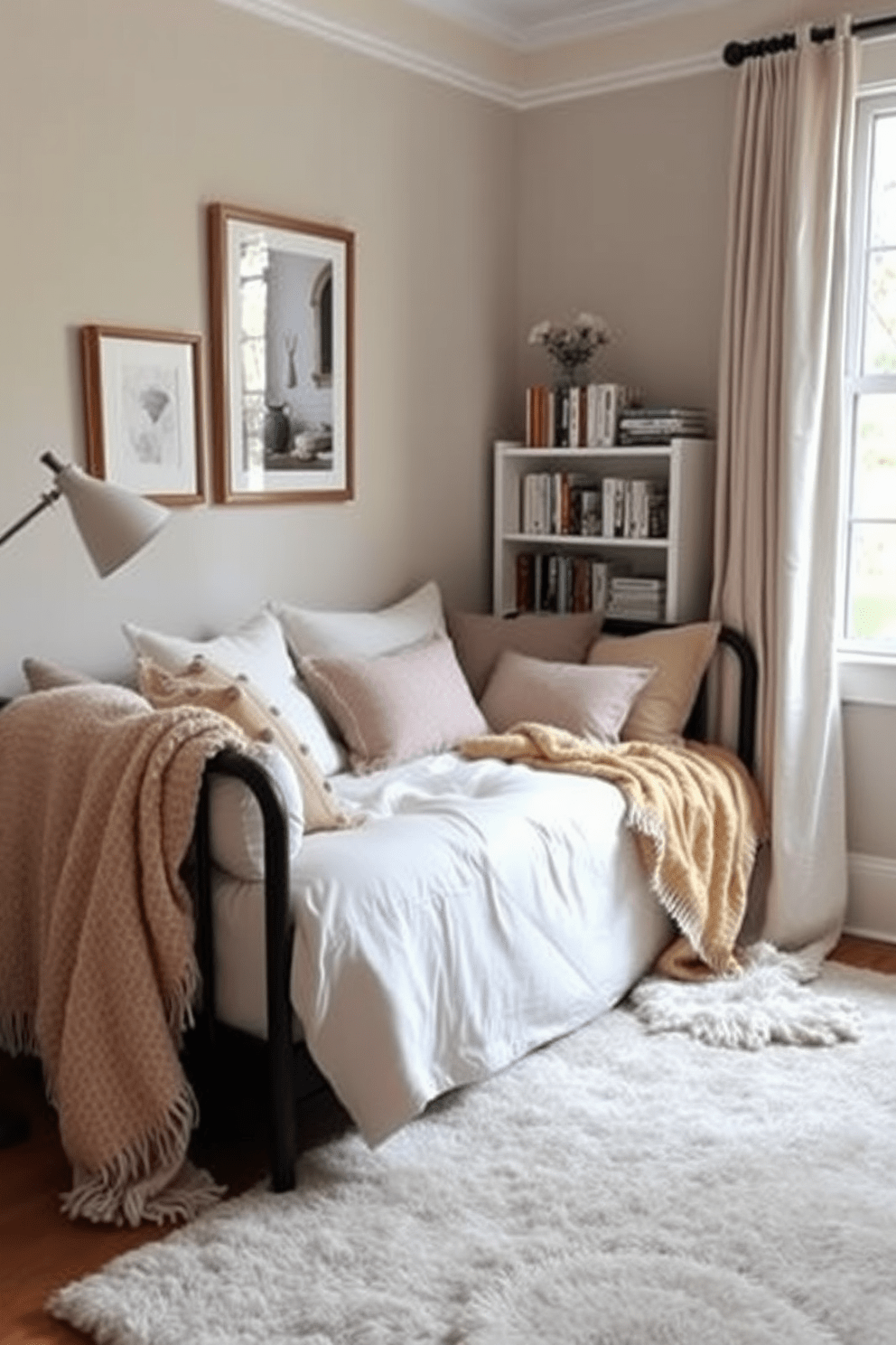 A cozy bedroom reading nook features a stylish daybed adorned with layered bedding in soft pastels. Plush throws are casually draped over the side, inviting relaxation and comfort. Natural light filters through a nearby window, highlighting a small bookshelf filled with favorite novels. A soft area rug anchors the space, creating a warm and inviting atmosphere.