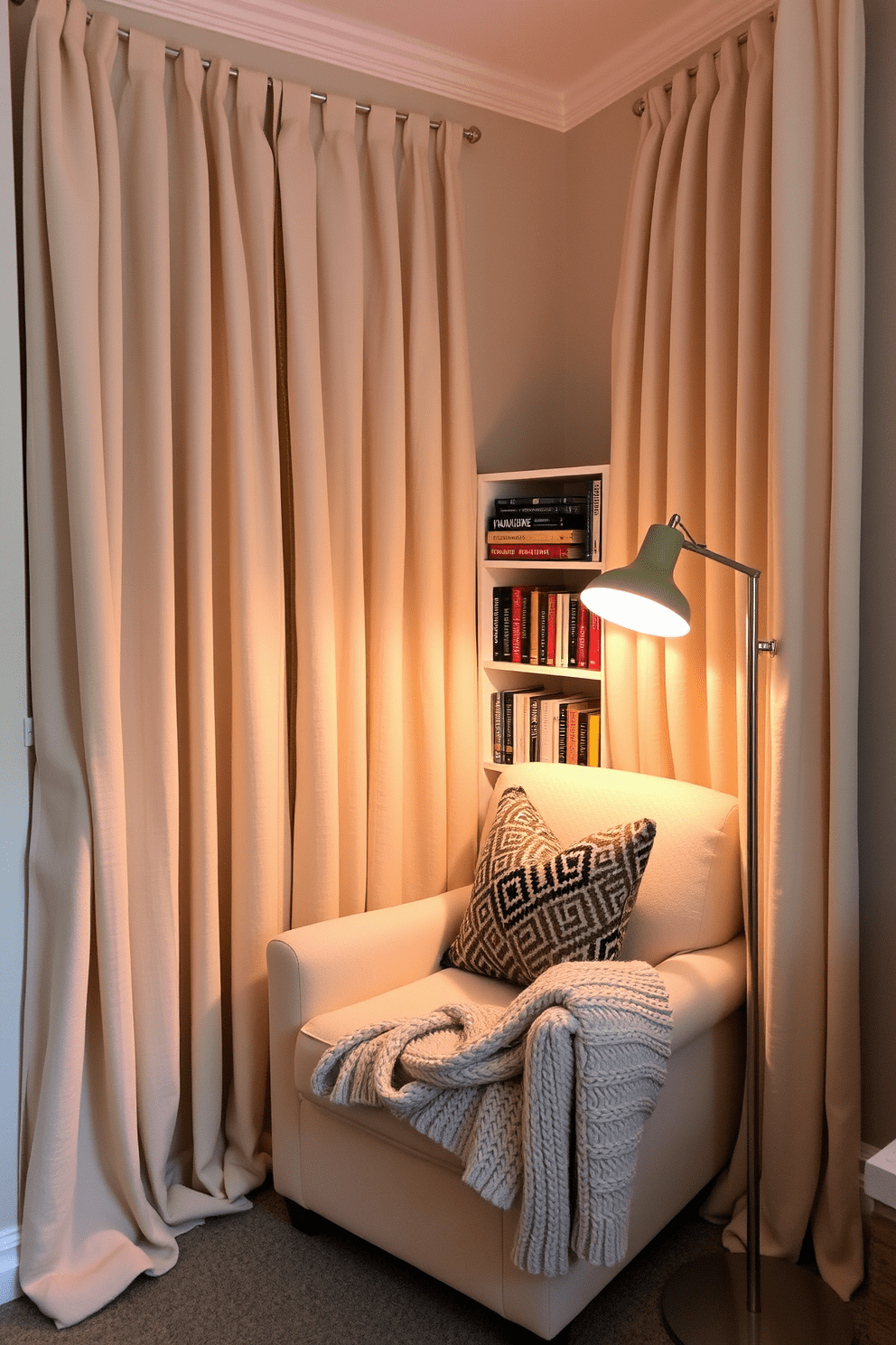 A cozy nook designed for reading features soft, plush seating surrounded by floor-to-ceiling curtains that provide a sense of privacy. The walls are painted in a calming pastel color, and a small bookshelf filled with favorite novels is positioned nearby. A comfortable armchair is placed in the corner, adorned with a knitted throw and decorative pillows. A warm floor lamp casts a gentle glow, creating an inviting atmosphere perfect for curling up with a good book.