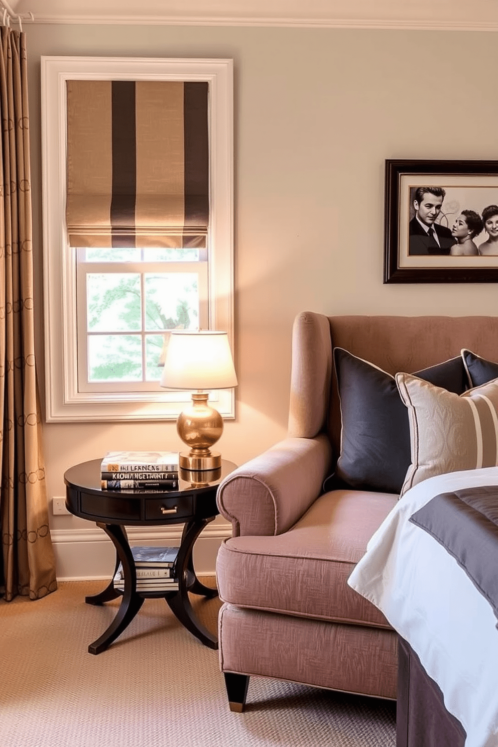 A cozy bedroom reading nook featuring an oversized armchair upholstered in a soft fabric. Beside the armchair, a stylish side table holds a stack of books and a warm lamp, creating an inviting atmosphere for relaxation.