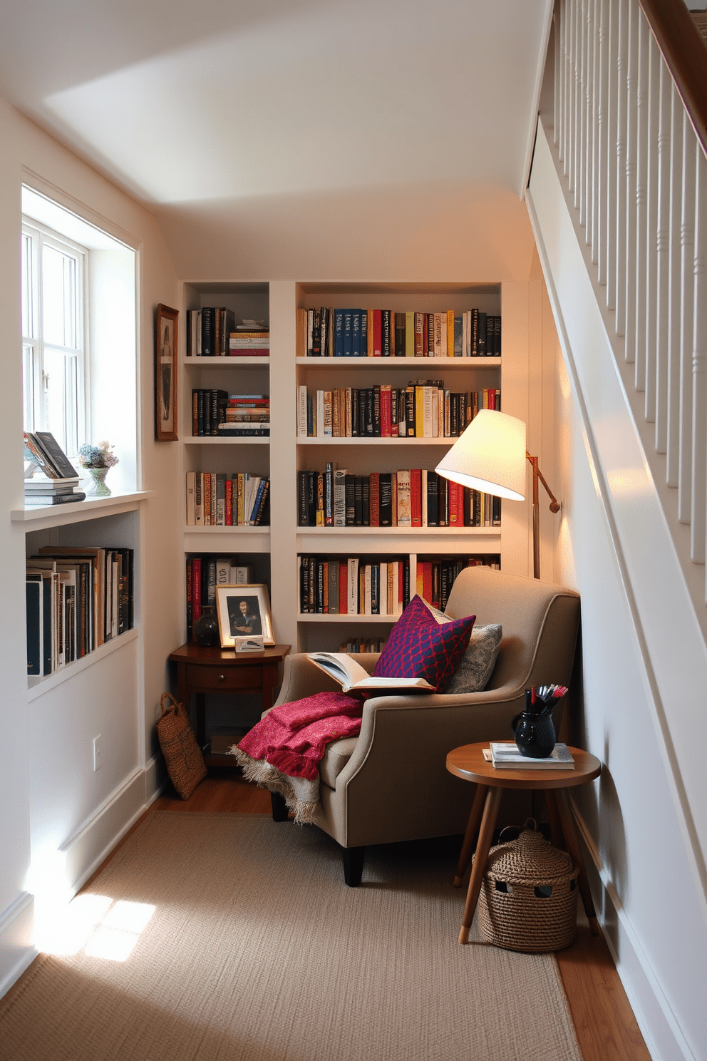 A cozy reading nook nestled under a staircase features a plush armchair upholstered in soft fabric, complemented by a small wooden side table. Shelves filled with books line the walls, and a warm floor lamp casts a gentle glow over the space, inviting relaxation. The nook is adorned with colorful cushions and a soft throw blanket, creating a welcoming atmosphere. Natural light filters in through a nearby window, enhancing the charm of this intimate retreat perfect for curling up with a good book.