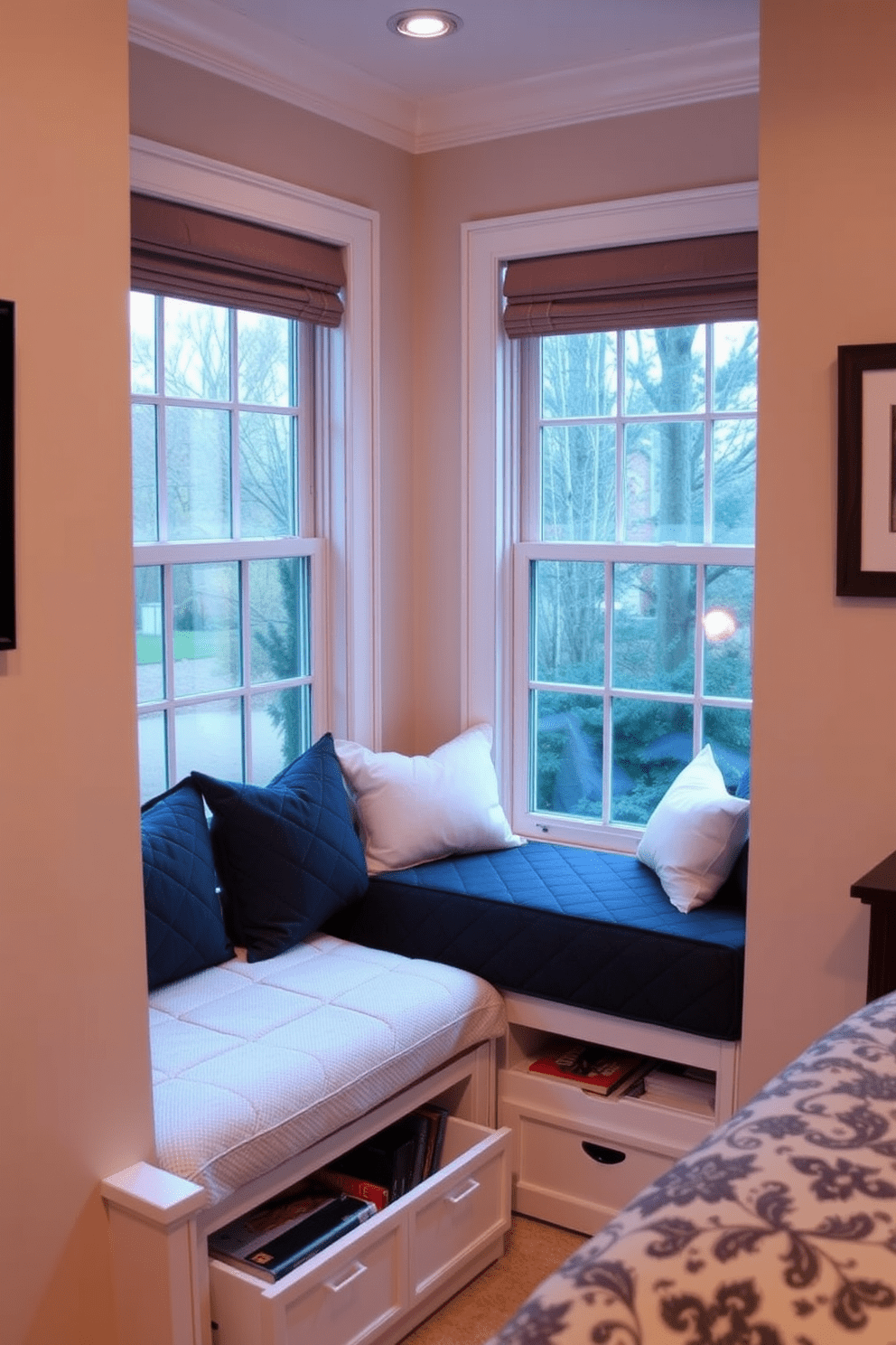 A cozy bedroom reading nook features a quilted window seat that provides ample comfort and style. The seat is adorned with soft cushions and is flanked by built-in storage drawers for books and blankets.