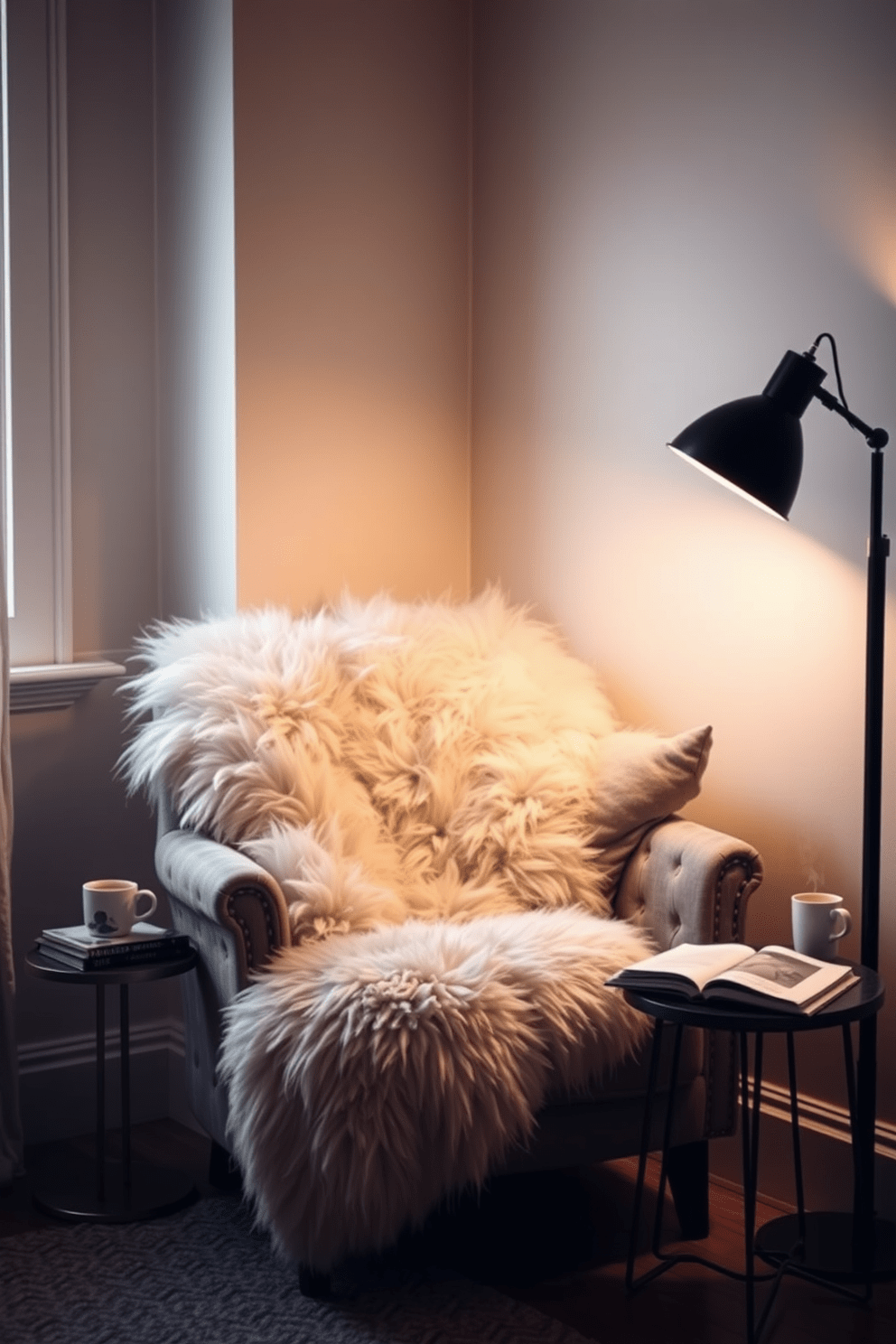 A cozy reading nook featuring a plush lounge chair adorned with a luxurious faux fur throw. Soft lighting from a nearby floor lamp creates an inviting atmosphere, while a small side table holds a stack of books and a steaming cup of tea.