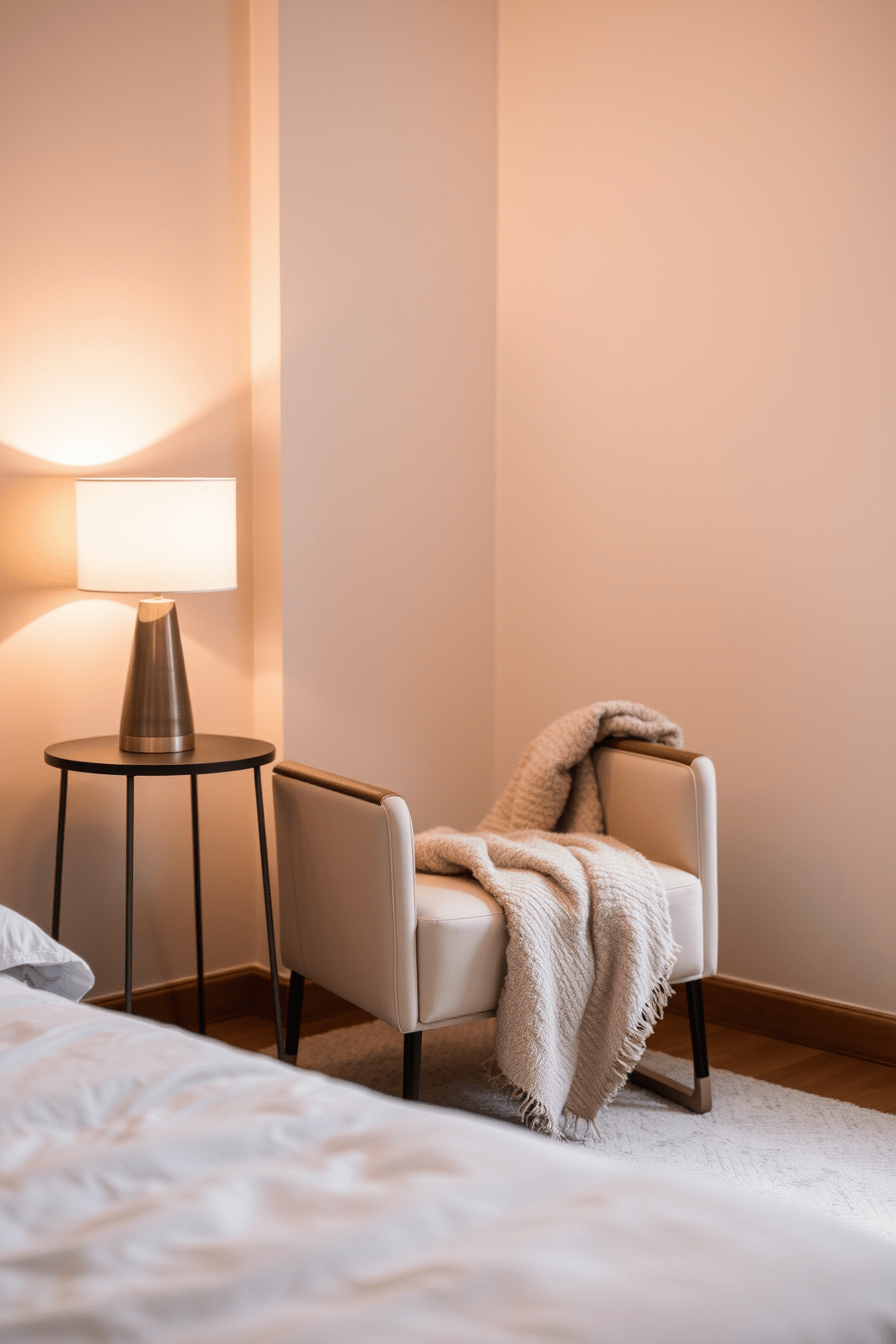 A sleek modern chair is positioned in the corner of the bedroom, accompanied by a small stylish lamp on a minimalist side table. The nook features soft, ambient lighting that creates a cozy atmosphere, with a plush throw blanket draped over the chair for added comfort.