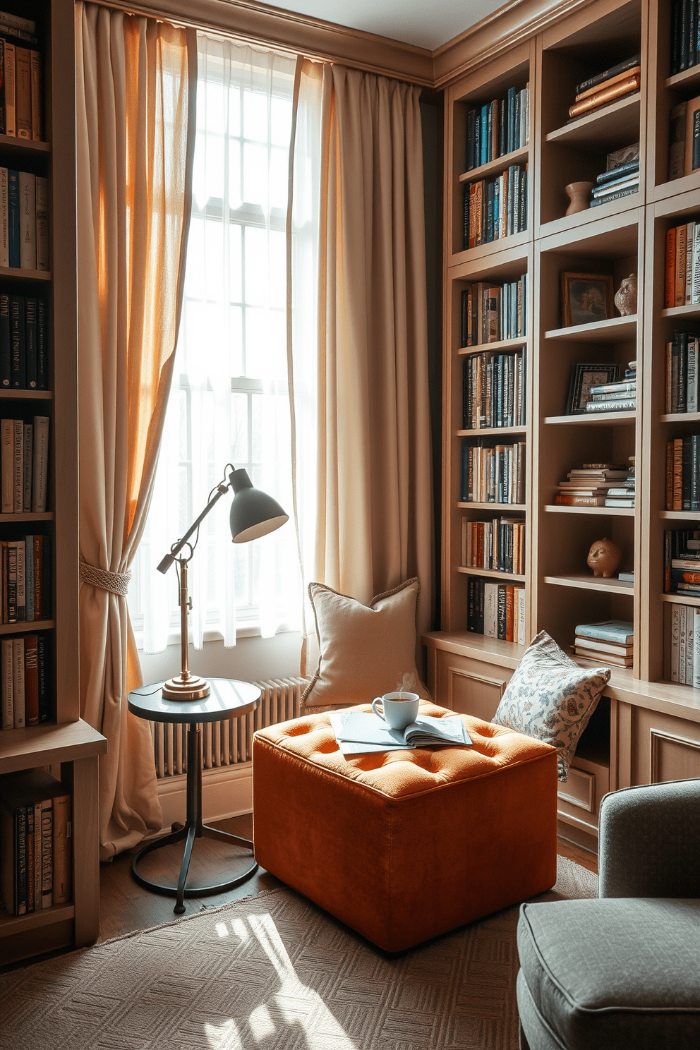 A cozy reading corner features a plush soft ottoman in a warm fabric that invites relaxation. Surrounding the nook are built-in bookshelves filled with an eclectic mix of books and decorative items. A large window allows natural light to flood the space, with sheer curtains gently filtering the sunlight. A small side table beside the ottoman holds a steaming cup of tea and a stylish reading lamp for evening comfort.