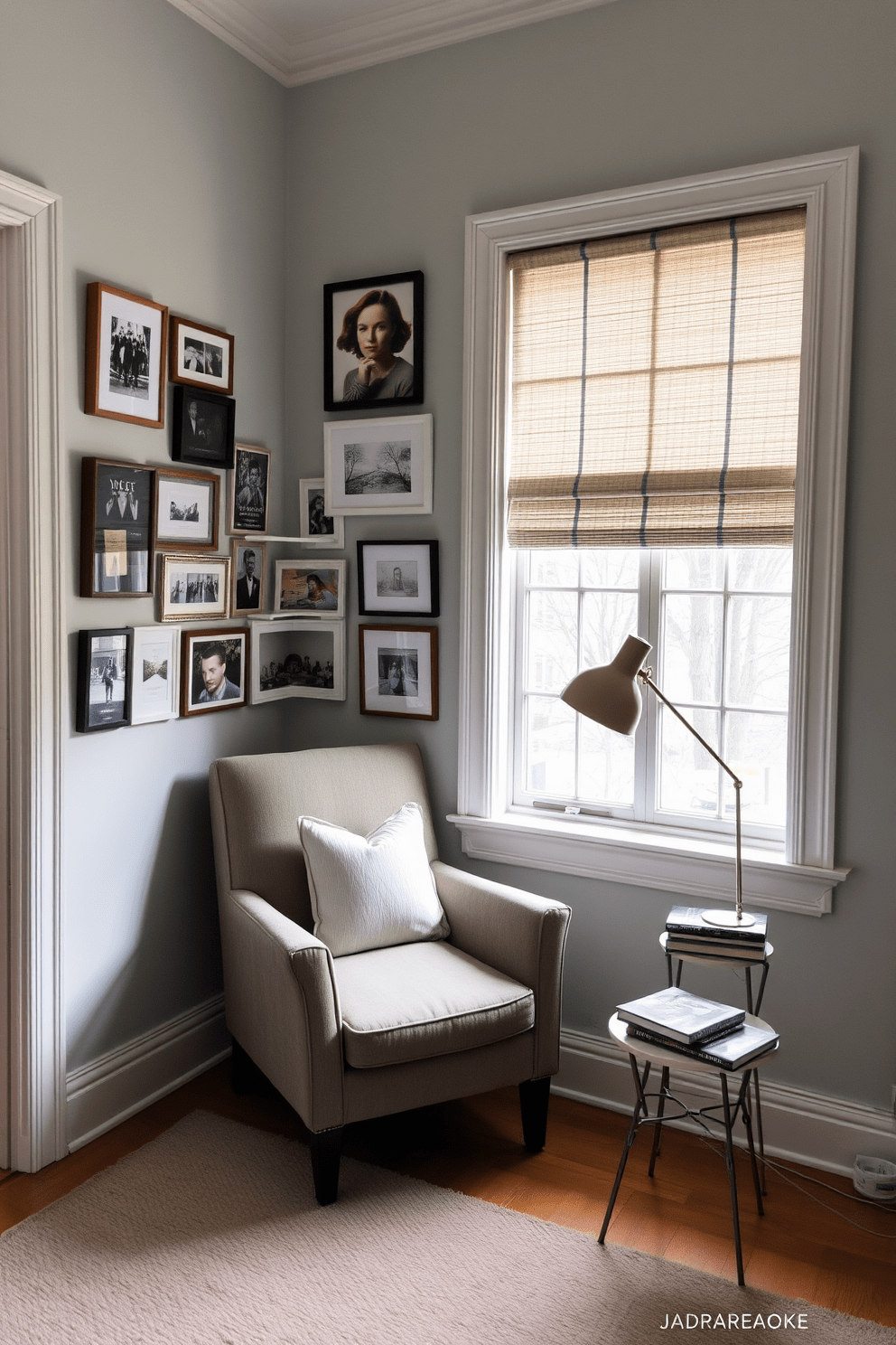 A cozy reading nook featuring a plush armchair in a soft fabric, positioned next to a large window that allows natural light to flood the space. Above the chair, a gallery wall displays an eclectic mix of framed artwork and photographs, creating a personal and inviting atmosphere. The walls are painted in a calming pastel hue, enhancing the serene vibe of the nook. A small side table beside the chair holds a stack of books and a stylish lamp, perfect for late-night reading sessions.