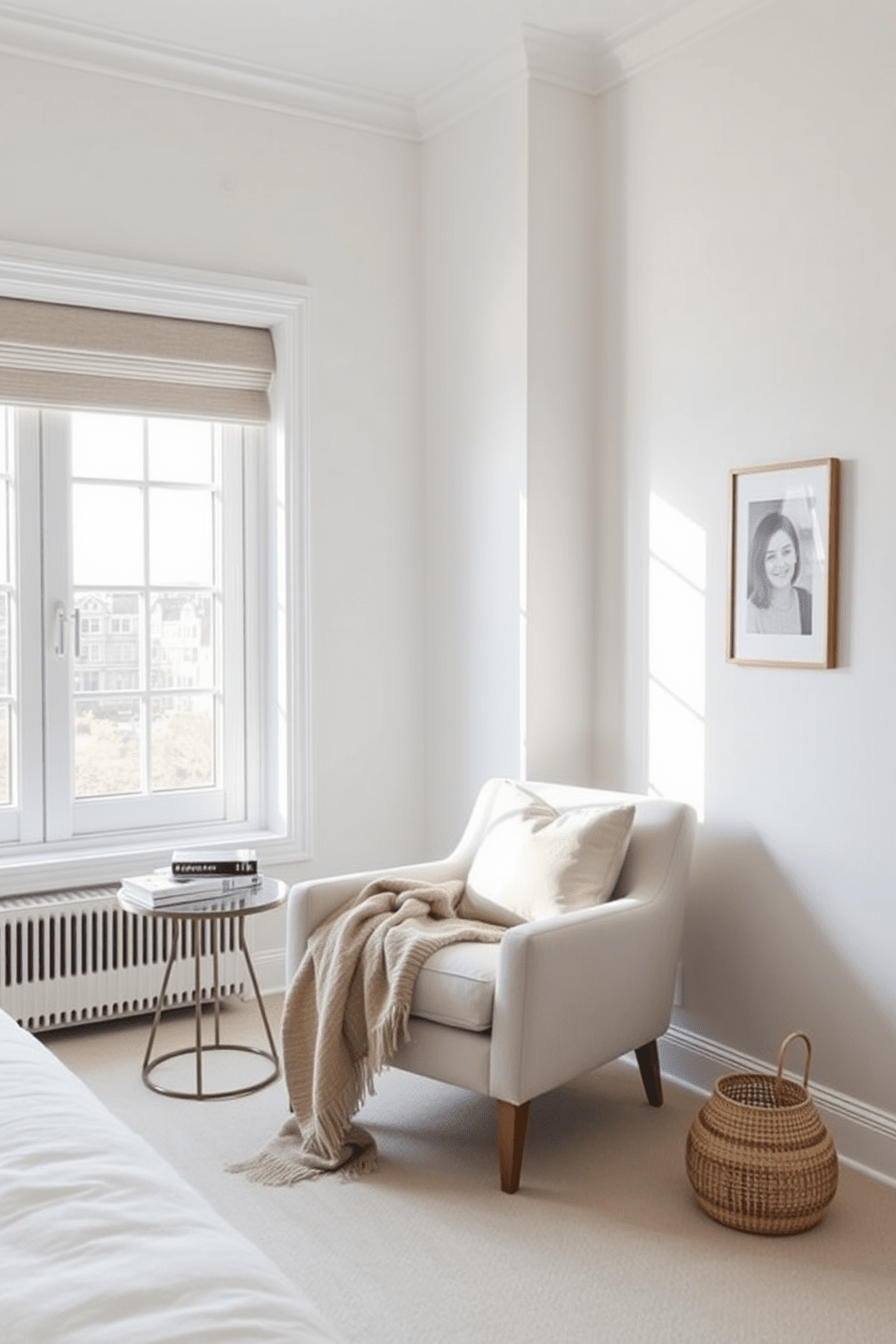 A serene bedroom reading nook featuring a single minimalist chair. The chair is upholstered in soft, neutral fabric and positioned near a large window that allows natural light to flood the space. The walls are painted in a calming white hue, creating a bright and airy atmosphere. A small side table holds a stack of books and a cozy throw blanket draped over the chair invites relaxation.