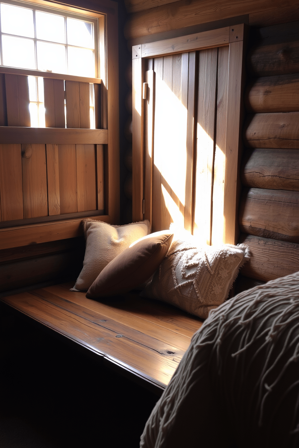 A cozy bedroom reading nook featuring a rustic wooden bench adorned with soft, plush cushions. Natural light filters in through a nearby window, illuminating the space and creating a warm, inviting atmosphere.