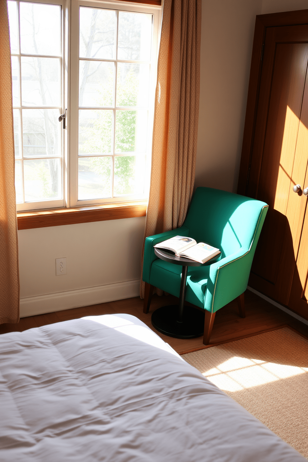 A cozy bedroom nook features a brightly colored accent chair positioned next to a small round side table. Soft natural light filters in through a nearby window, creating a warm and inviting atmosphere perfect for reading.