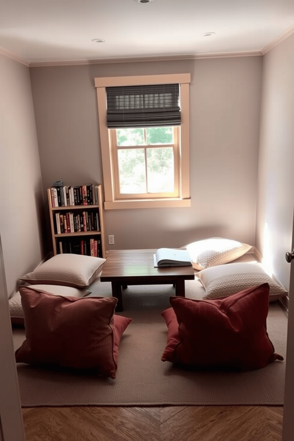 A cozy bedroom reading nook features soft floor cushions arranged around a low wooden table. Natural light filters in through a nearby window, creating an inviting atmosphere for relaxation and reading. The cushions are adorned with textured fabrics in warm colors, complementing the serene decor of the room. A small bookshelf filled with favorite novels is positioned nearby, enhancing the charm of this tranquil space.