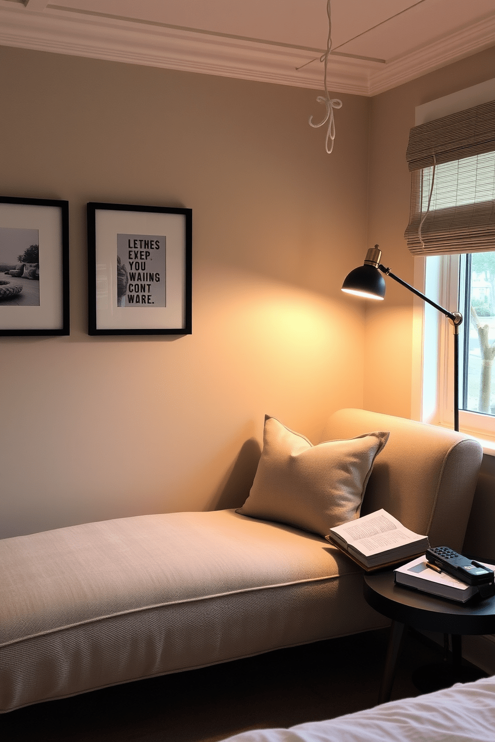 A cozy bedroom reading nook featuring a plush chaise lounge in a soft fabric. Next to it, a stylish reading light with an adjustable arm provides warm illumination for late-night reading sessions.