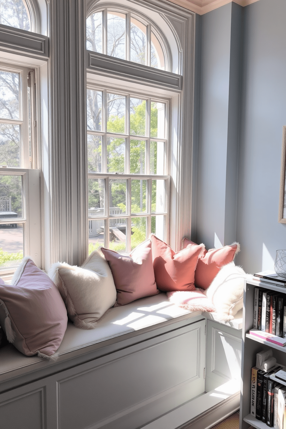 A cozy window seat is adorned with an array of plush pillows in soft pastel colors. Natural light streams in through large windows, creating a warm and inviting atmosphere for reading or relaxation. The surrounding walls are painted in a calming light blue, complementing the serene ambiance of the space. A small bookshelf is positioned nearby, filled with an assortment of novels and decorative items.