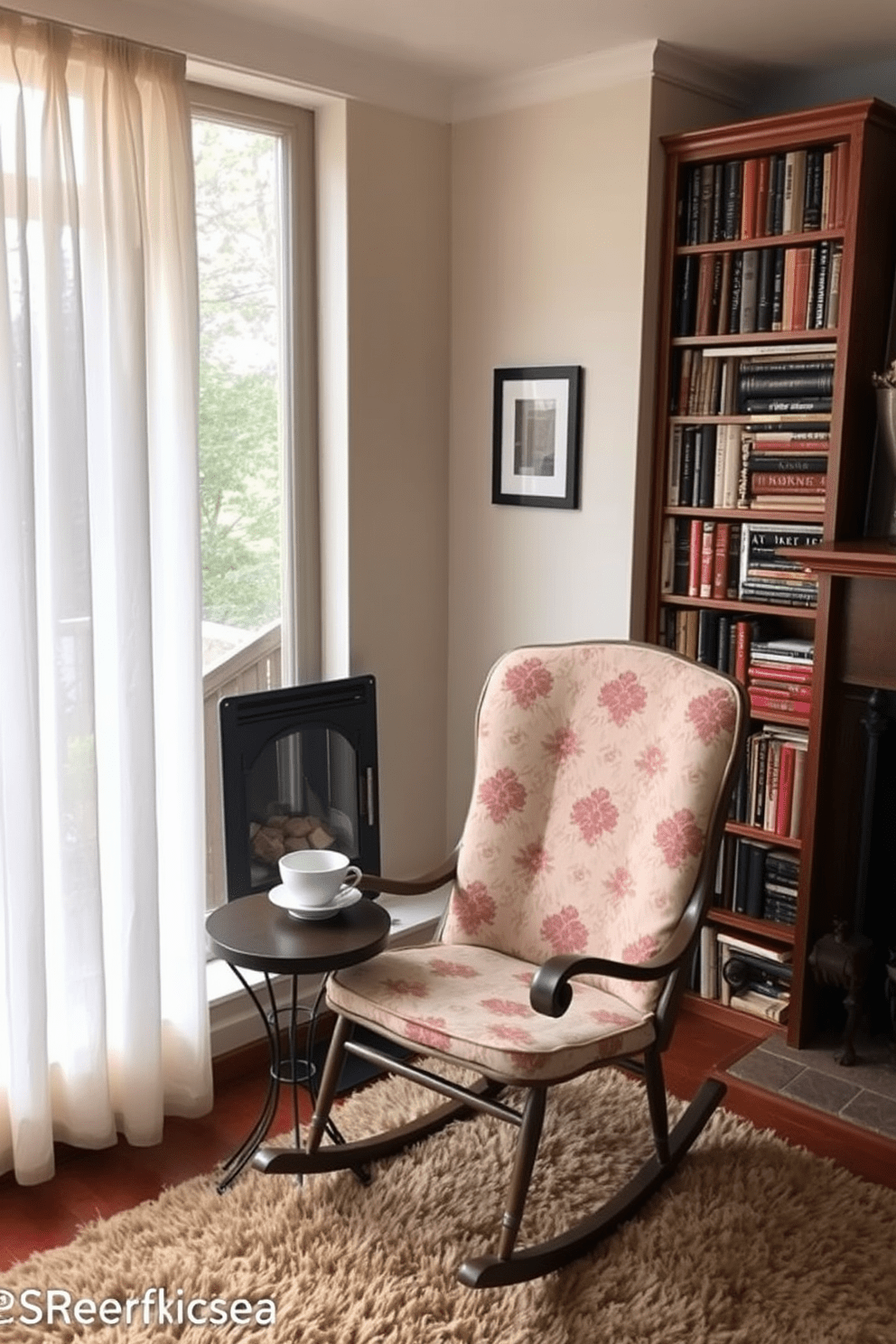 A vintage rocking chair is positioned next to a cozy fireplace, creating an inviting atmosphere. The chair is upholstered in soft fabric with a floral pattern, and a small side table holds a steaming cup of tea. The reading nook features a large window with sheer curtains that allow natural light to filter in. A plush area rug anchors the space, and a tall bookshelf filled with well-loved novels lines the wall beside the rocking chair.