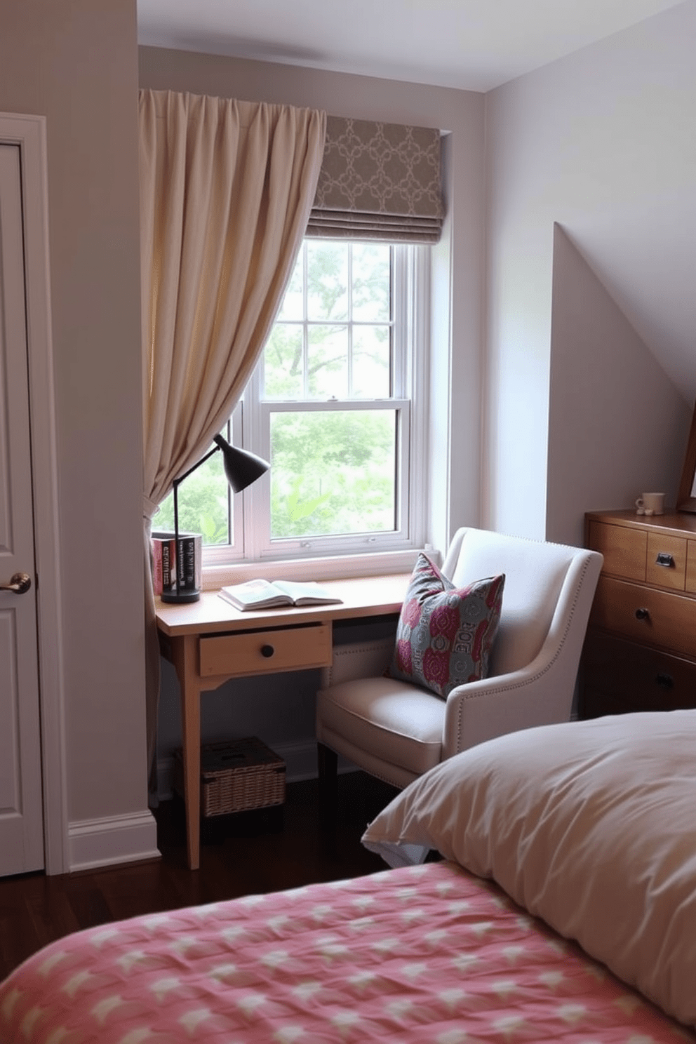 A cozy bedroom reading nook featuring a small desk with a comfortable chair positioned near a window. The desk is made of light wood and has a few books and a stylish lamp on it, while the chair is upholstered in soft fabric and accented with colorful cushions.