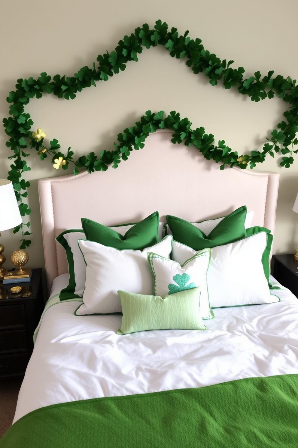 A cozy bedroom adorned for St. Patrick's Day features a green shamrock garland draped elegantly across the headboard. The bedding is a soft white with green accent pillows, and a touch of gold decor adds a festive charm.