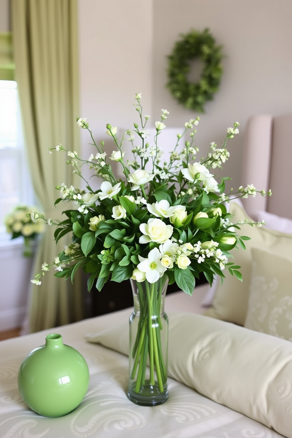 Floral arrangements featuring lush green foliage and delicate white blooms are artfully arranged in elegant vases throughout the bedroom. Soft green accents complement the decor, creating a serene atmosphere perfect for St. Patrick's Day celebrations.