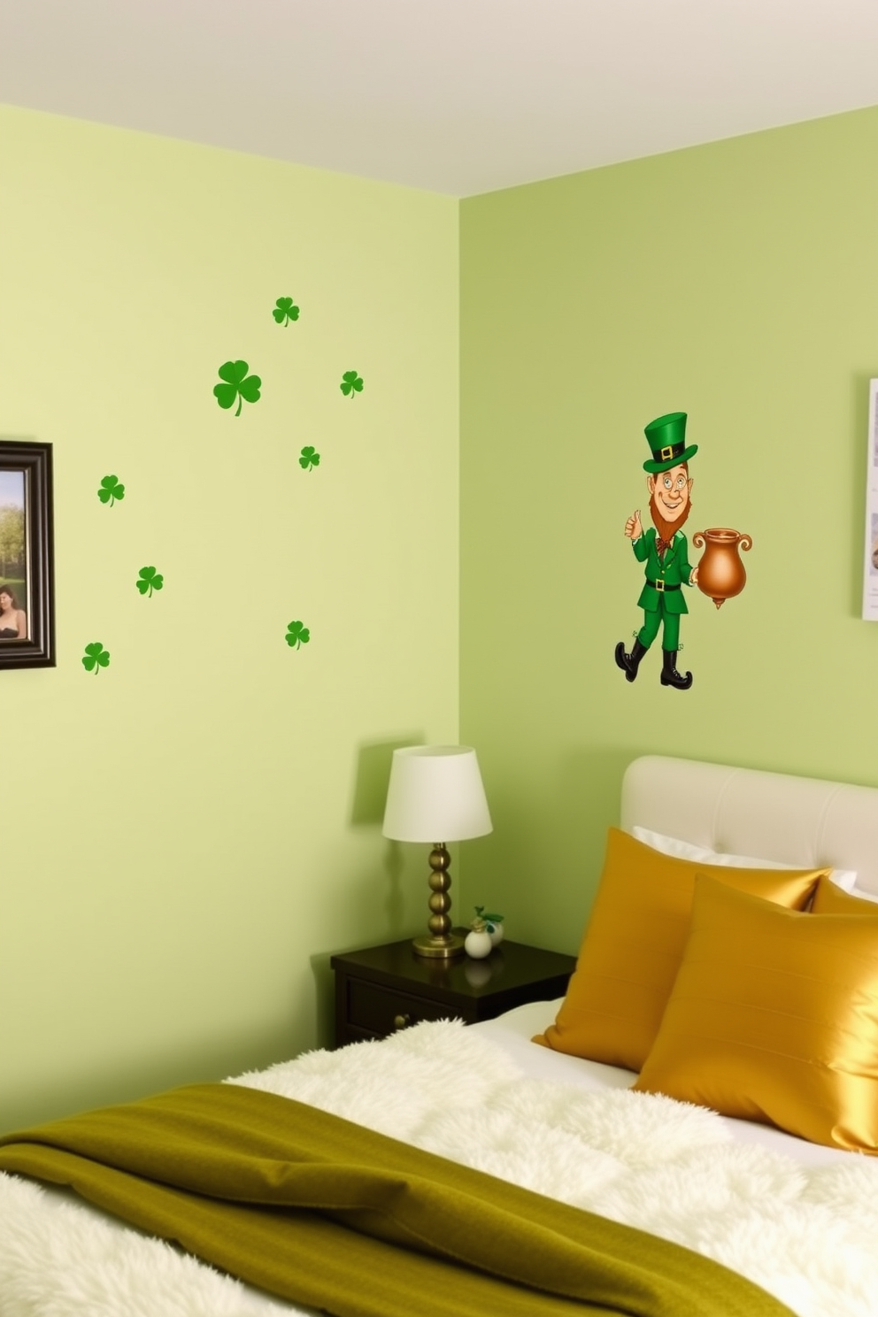 A cozy bedroom adorned with St. Patrick's Day themed wall decals featuring shamrocks and leprechauns. The soft green walls create a festive atmosphere, complemented by a plush white bedspread and gold accent pillows.