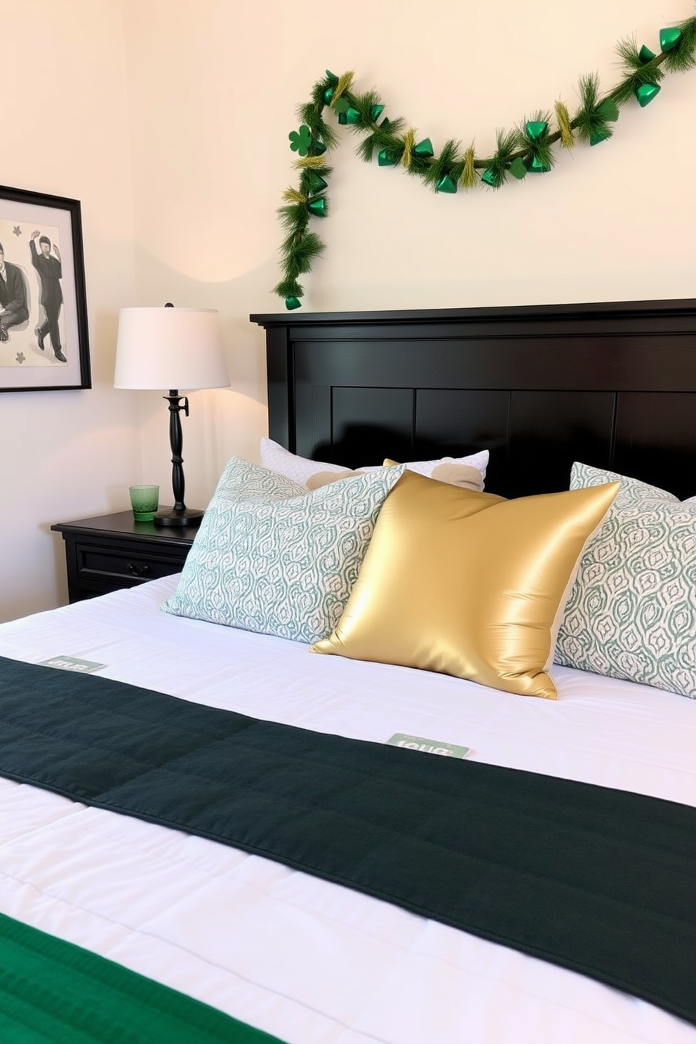 A cozy bedroom setting featuring bedside tables adorned with lucky charm coasters. The room is decorated with subtle St. Patrick's Day accents, including green and gold pillows on the bed and a decorative garland hanging above the headboard.