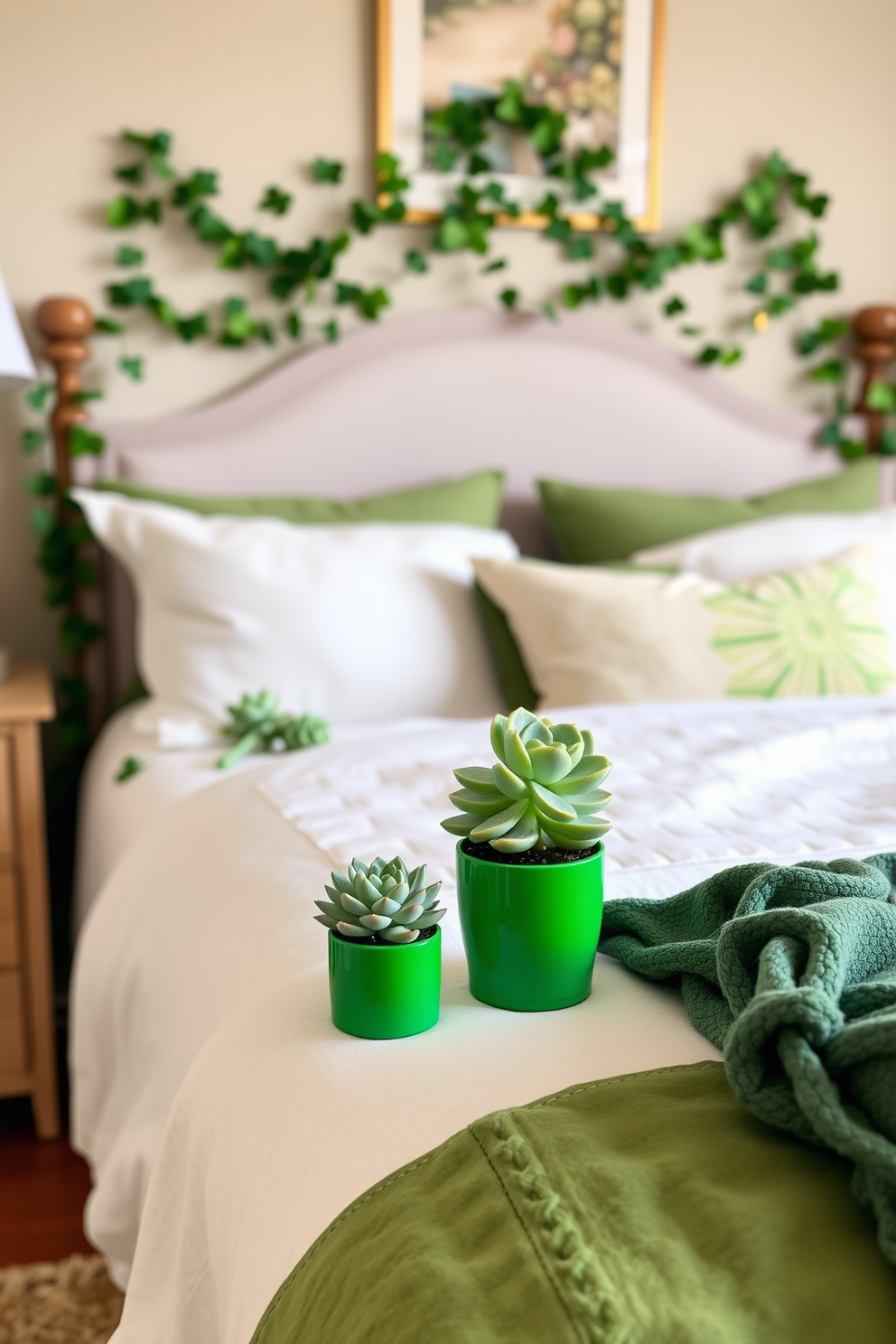 A cozy bedroom adorned with succulent plants in vibrant green pots placed on nightstands. The decor features soft green and gold accents to celebrate St. Patrick's Day, with garlands of shamrocks draping over the headboard.