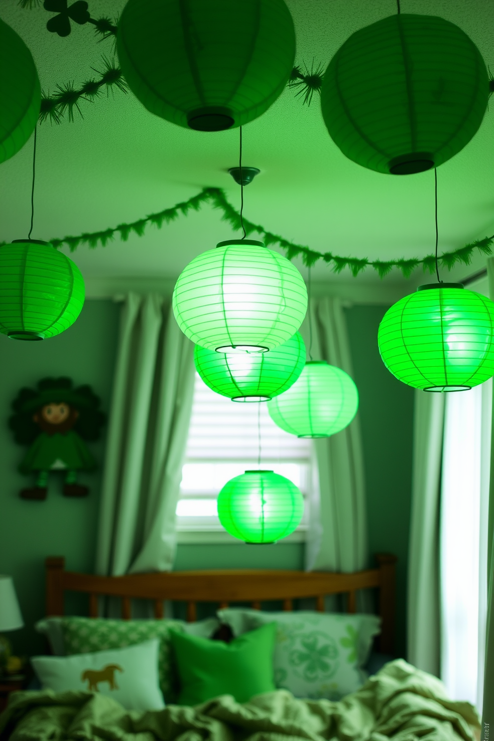 A cozy bedroom adorned with hanging green paper lanterns from the ceiling creates a festive atmosphere. The soft glow of the lanterns complements the St. Patrick's Day decorations, adding a touch of whimsy to the space.