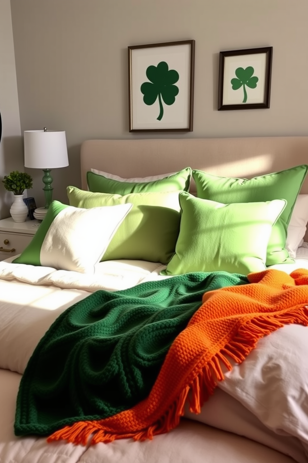 Create a cozy bedroom setting featuring decorative pillows in the colors of the Irish flag. The pillows are arranged on a plush bed with a neutral-colored duvet, complemented by soft green and orange accents throughout the room. Incorporate St. Patrick's Day decorating ideas with subtle touches like shamrock-themed wall art and a festive garland. The overall ambiance is warm and inviting, perfect for celebrating the holiday.