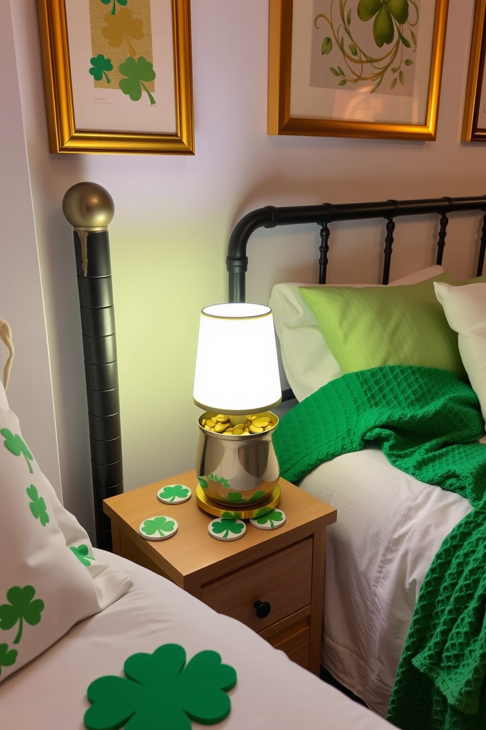 A charming bedside lamp designed as a pot of gold sits on a small wooden nightstand. The lamp features a warm glow that complements the soft green and gold accents in the bedroom decor, creating a festive St. Patrick's Day atmosphere. Surrounding the lamp are decorative elements like shamrock-patterned coasters and a cozy green throw blanket draped over the bed. The walls are adorned with subtle gold and green art pieces, enhancing the overall theme of celebration and warmth.