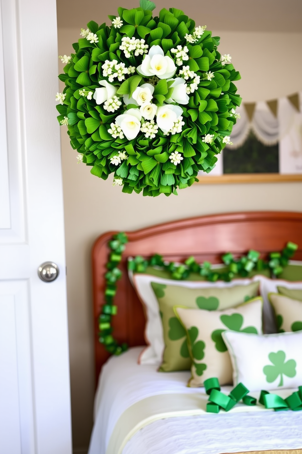 A decorative wreath made of lush green shamrocks hangs gracefully on the front door, welcoming guests with a festive touch. The vibrant greenery is complemented by delicate white flowers, creating a cheerful and inviting entrance. Inside the bedroom, soft green and gold accents bring the spirit of St. Patrick's Day to life. Cozy throw pillows with shamrock patterns adorn the bed, while a playful garland of shamrocks drapes across the headboard, adding a whimsical charm to the space.