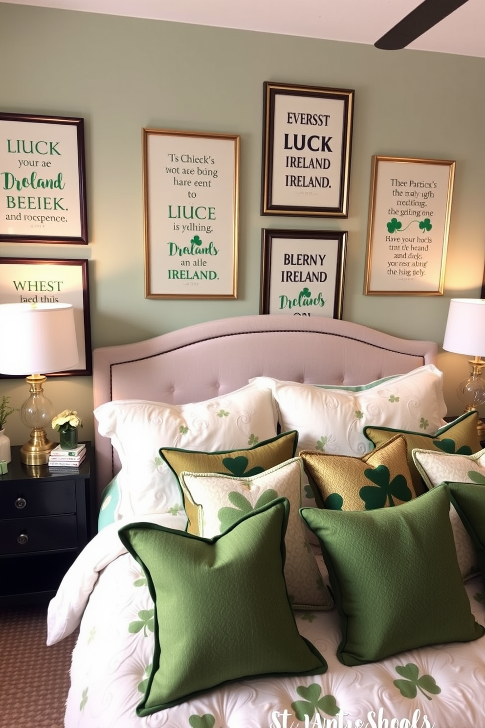 A cozy bedroom inspired by St. Patrick's Day features framed quotes about luck and Ireland adorning the walls. The decor includes soft green and gold accents, with a plush bed dressed in shamrock-patterned linens and decorative pillows.