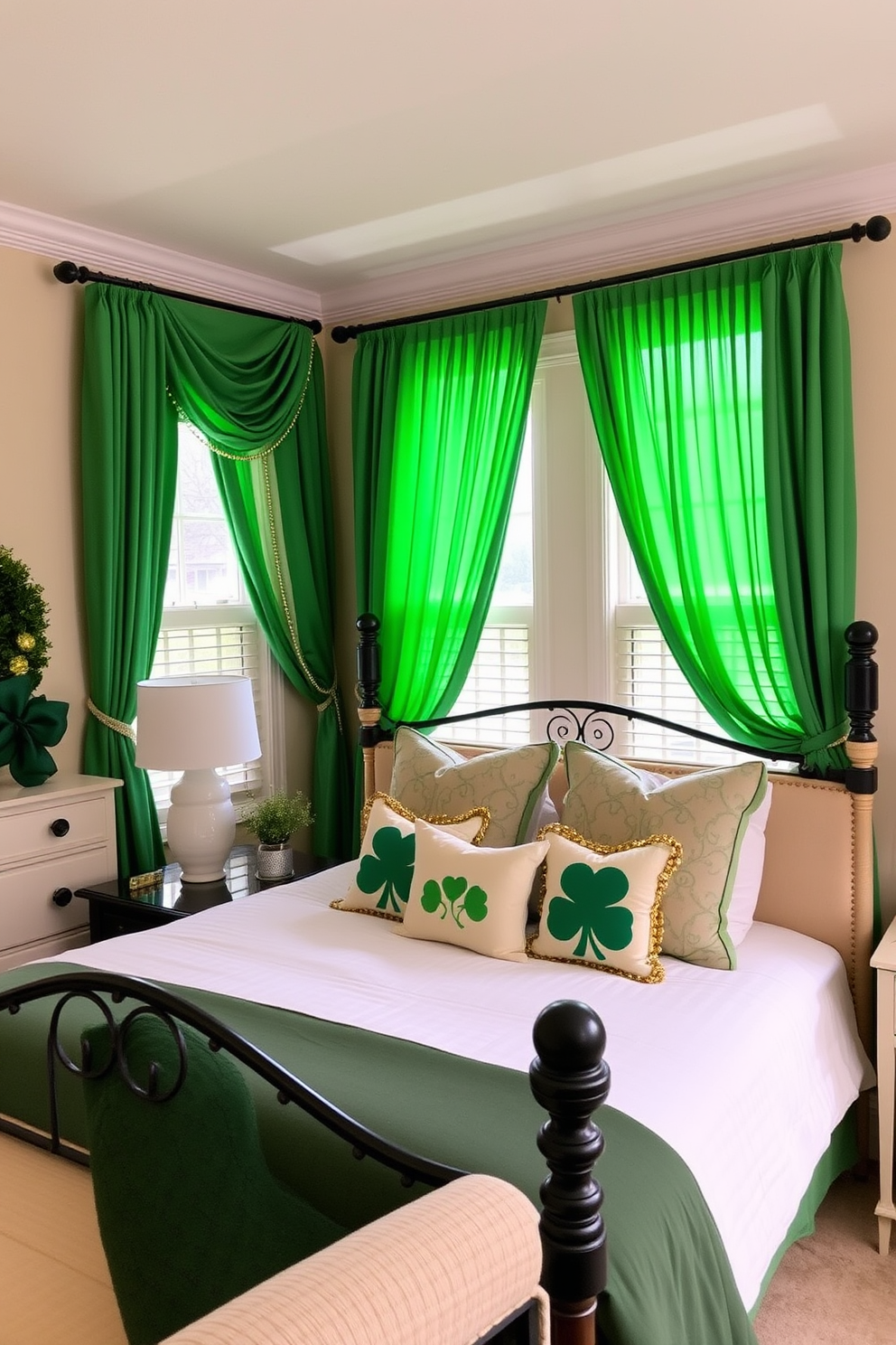 A cozy bedroom adorned with emerald green curtains that elegantly frame the windows. The curtains add a vibrant pop of color, complementing the soft neutral tones of the bedding and furniture. Decorative accents inspired by St. Patrick's Day enhance the festive atmosphere. Subtle touches like shamrock-patterned pillows and gold accents create a charming and inviting space.