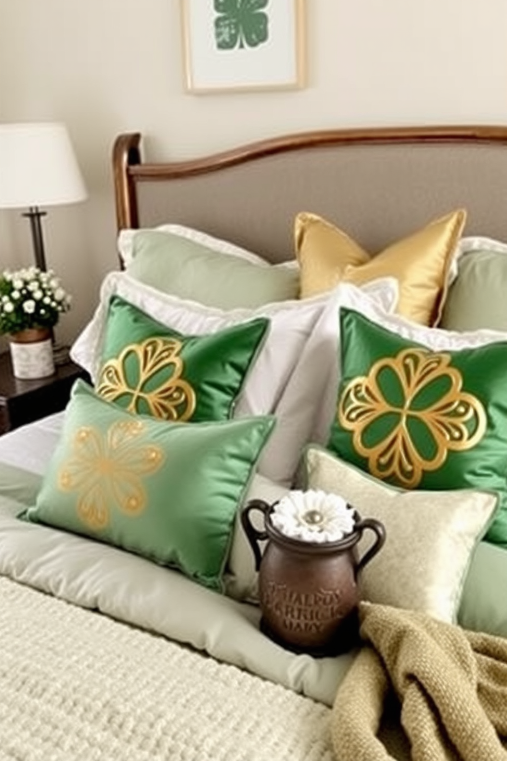 A cozy bedroom adorned with gold accent pillows that add a touch of festive flair. The bedding features soft textures in shades of green, complemented by decorative elements celebrating St. Patrick's Day.