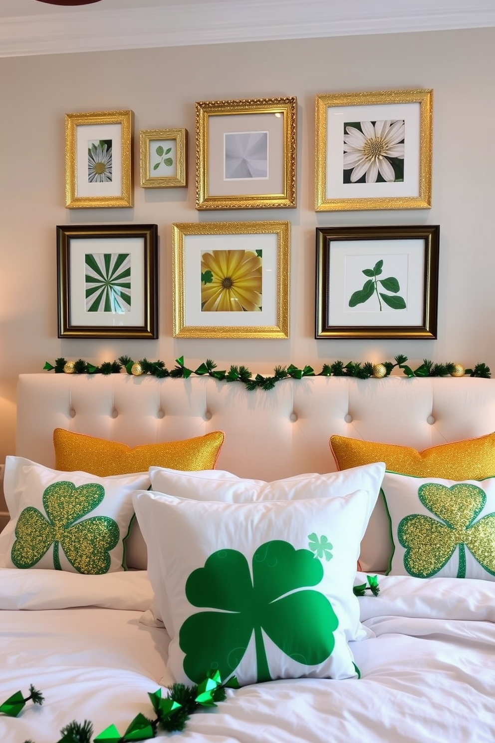 A cozy bedroom adorned with gold glitter accents on picture frames that reflect light beautifully. The frames are arranged in a stylish gallery wall above a plush headboard, adding a touch of glamour to the space. For St. Patrick's Day, the room is decorated with green and gold accents, including shamrock-patterned throw pillows and a festive garland. Soft lighting creates a warm atmosphere, enhancing the cheerful holiday spirit.