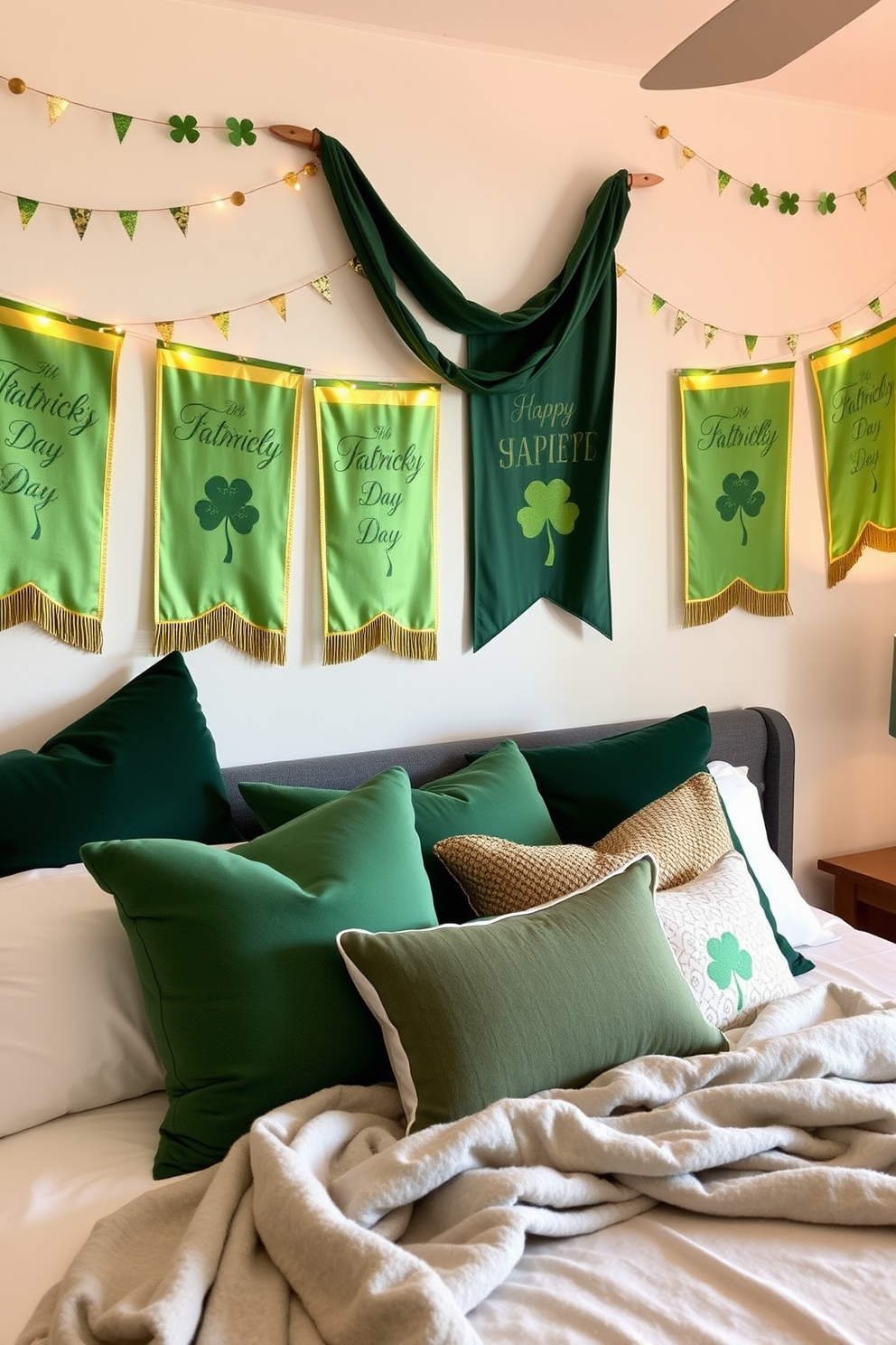 A cozy bedroom adorned with festive St. Patrick's Day banners hanging gracefully on the walls. The decor features green and gold accents, with plush pillows and a soft throw blanket on the bed to create a warm and inviting atmosphere.