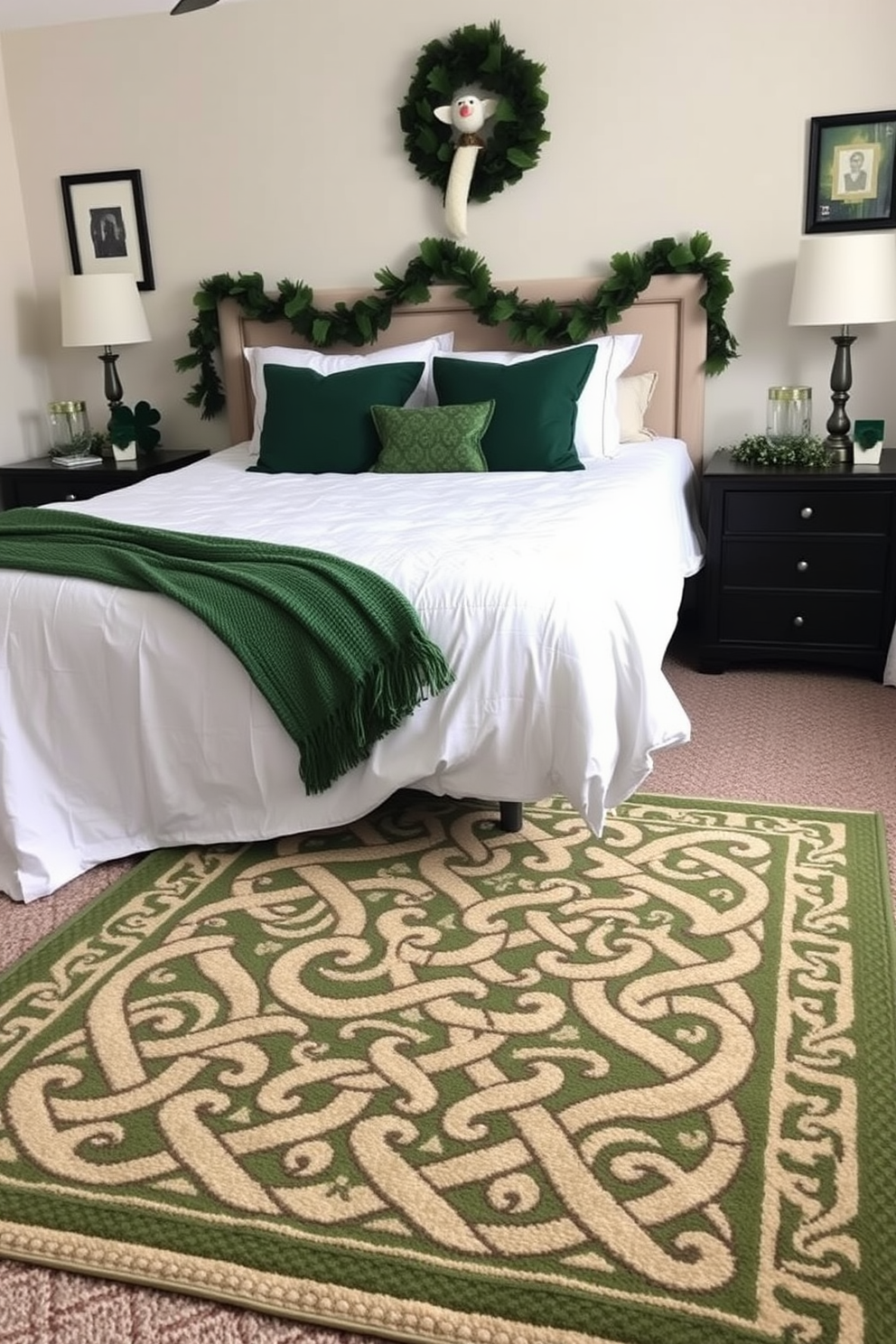 A cozy bedroom featuring a Celtic patterned area rug laid out on the floor. The room is adorned with subtle St. Patrick's Day decorations, including green throw pillows and a festive garland draped over the headboard.