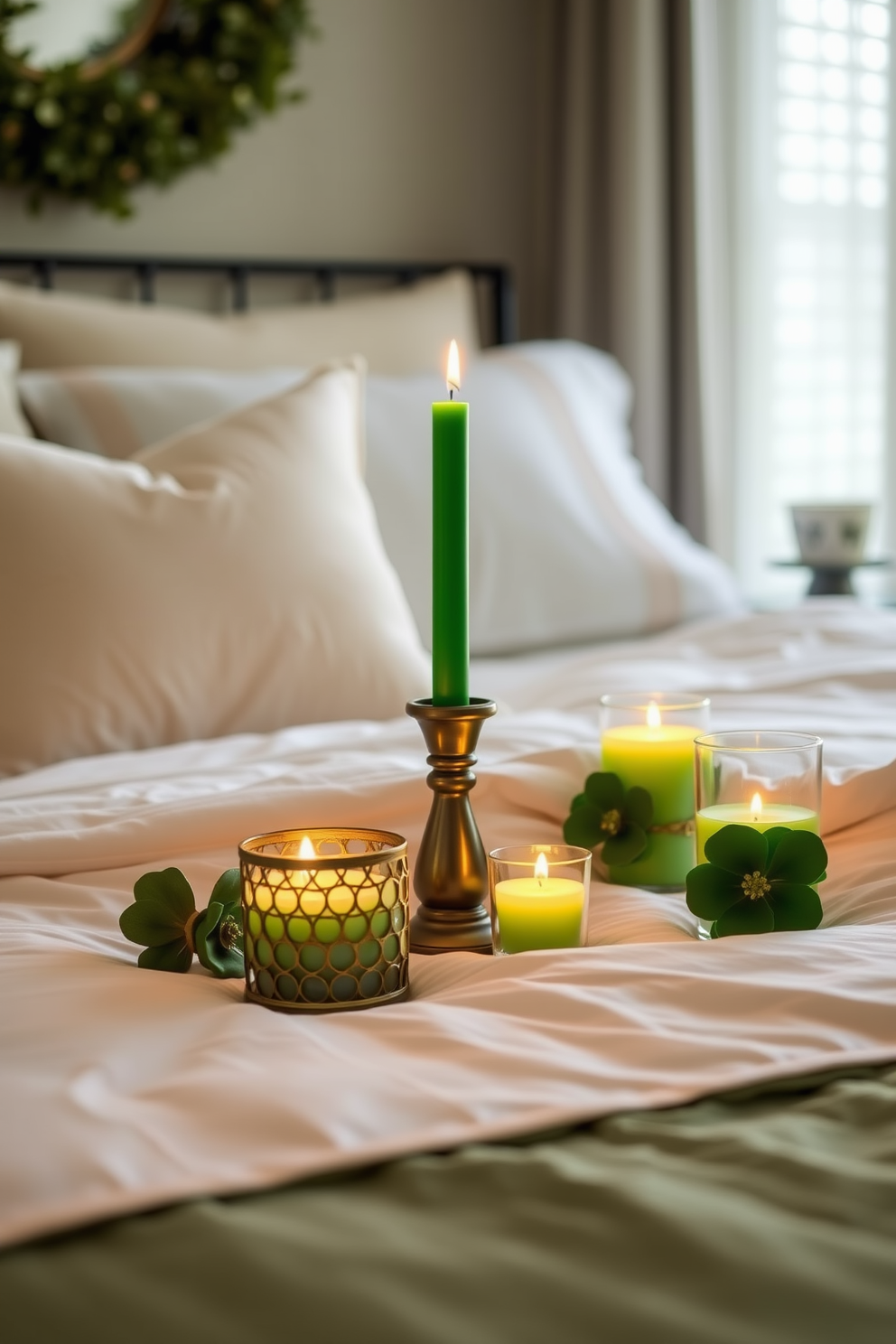 A cozy bedroom setting adorned with green candles in decorative holders. The soft glow from the candles creates a warm and inviting atmosphere, perfect for celebrating St. Patrick's Day.