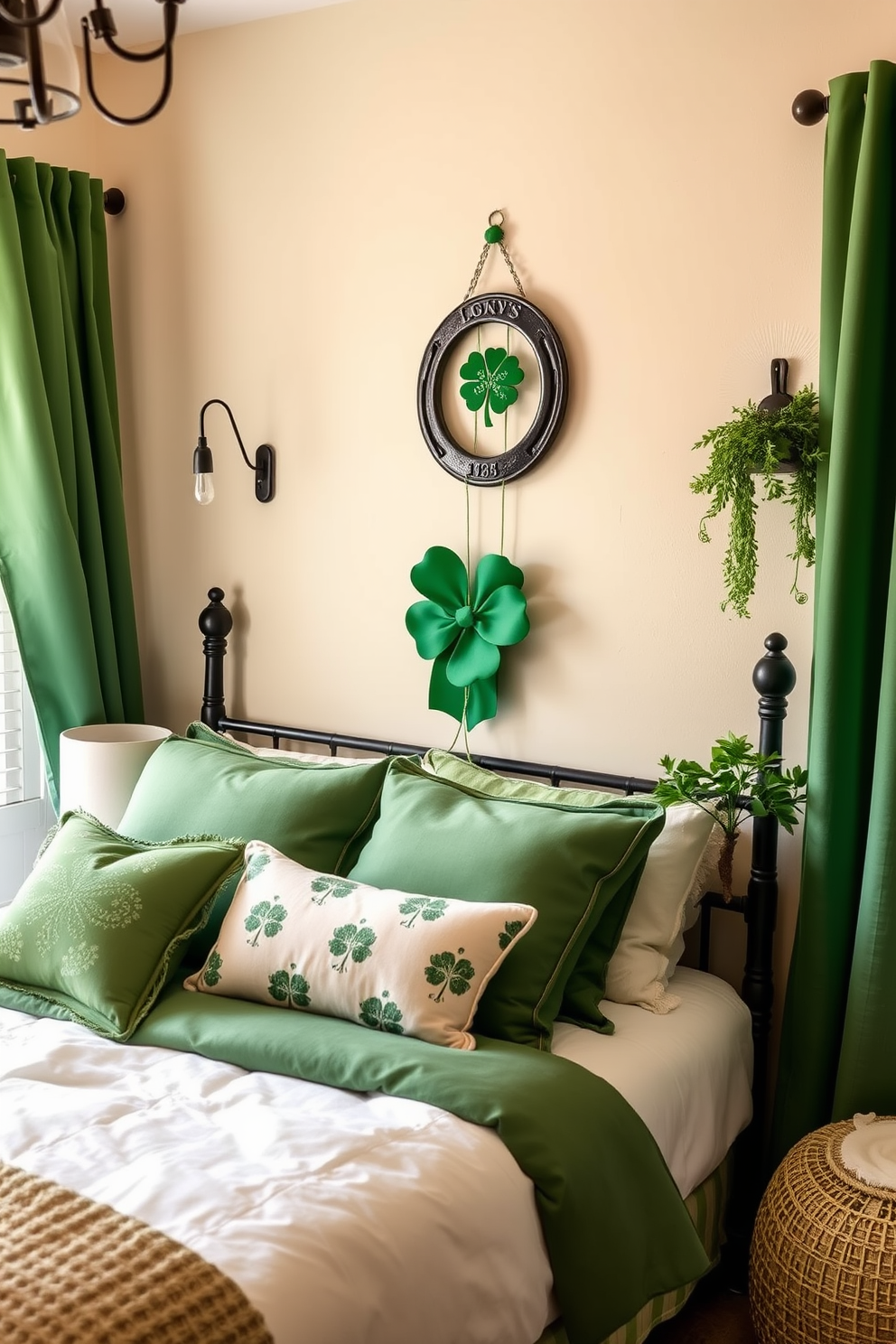 A charming bedroom adorned with a lucky horseshoe wall hanging that symbolizes good fortune. The decor features soft green accents and cozy textiles to celebrate St. Patrick's Day in a warm and inviting atmosphere.