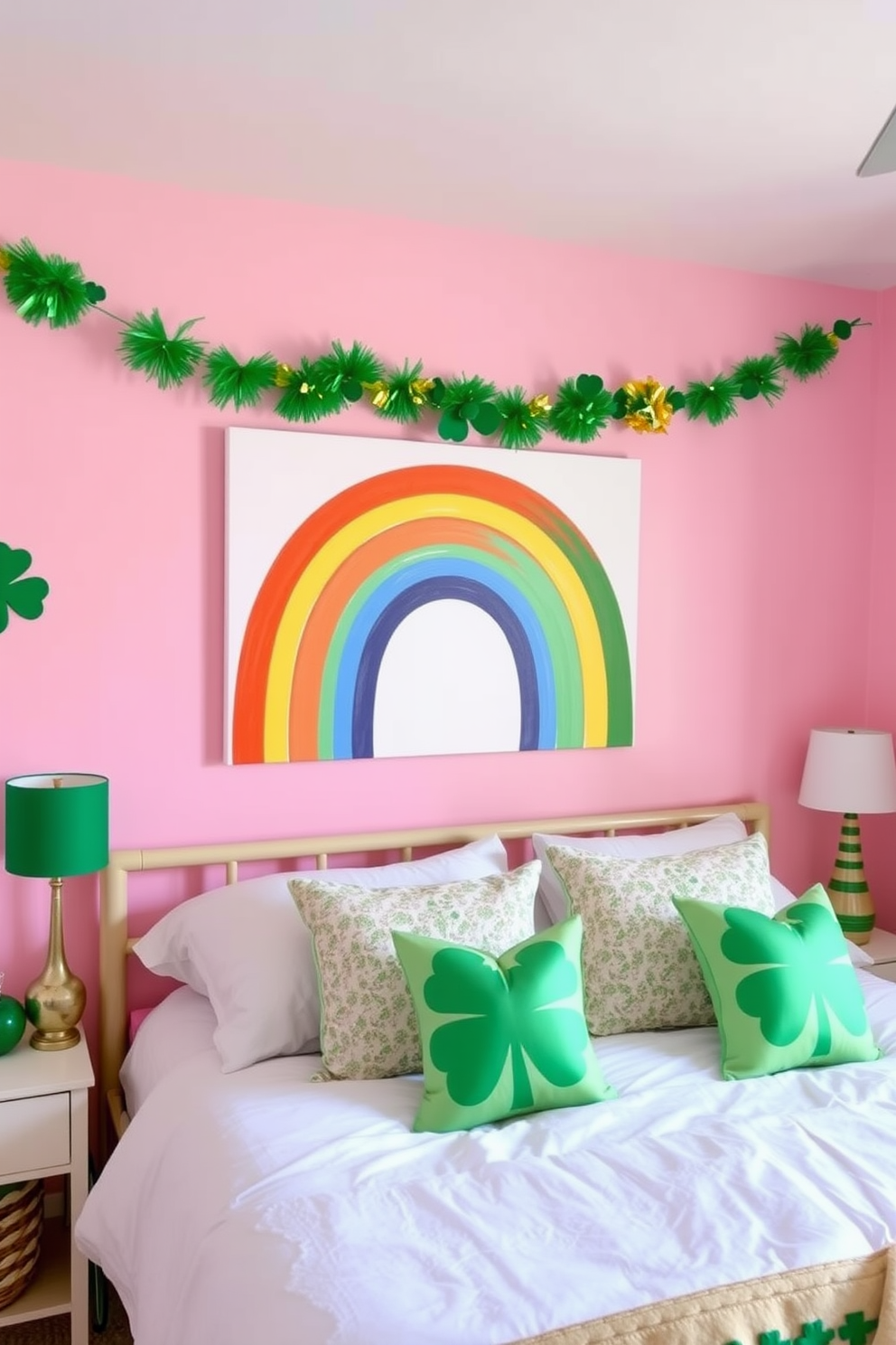 A vibrant bedroom featuring DIY rainbow art on canvas. The walls are painted in soft pastels, creating a cheerful atmosphere. For St. Patrick's Day, the room is adorned with green and gold decorations. Shamrock-themed pillows and a festive garland add a playful touch to the decor.