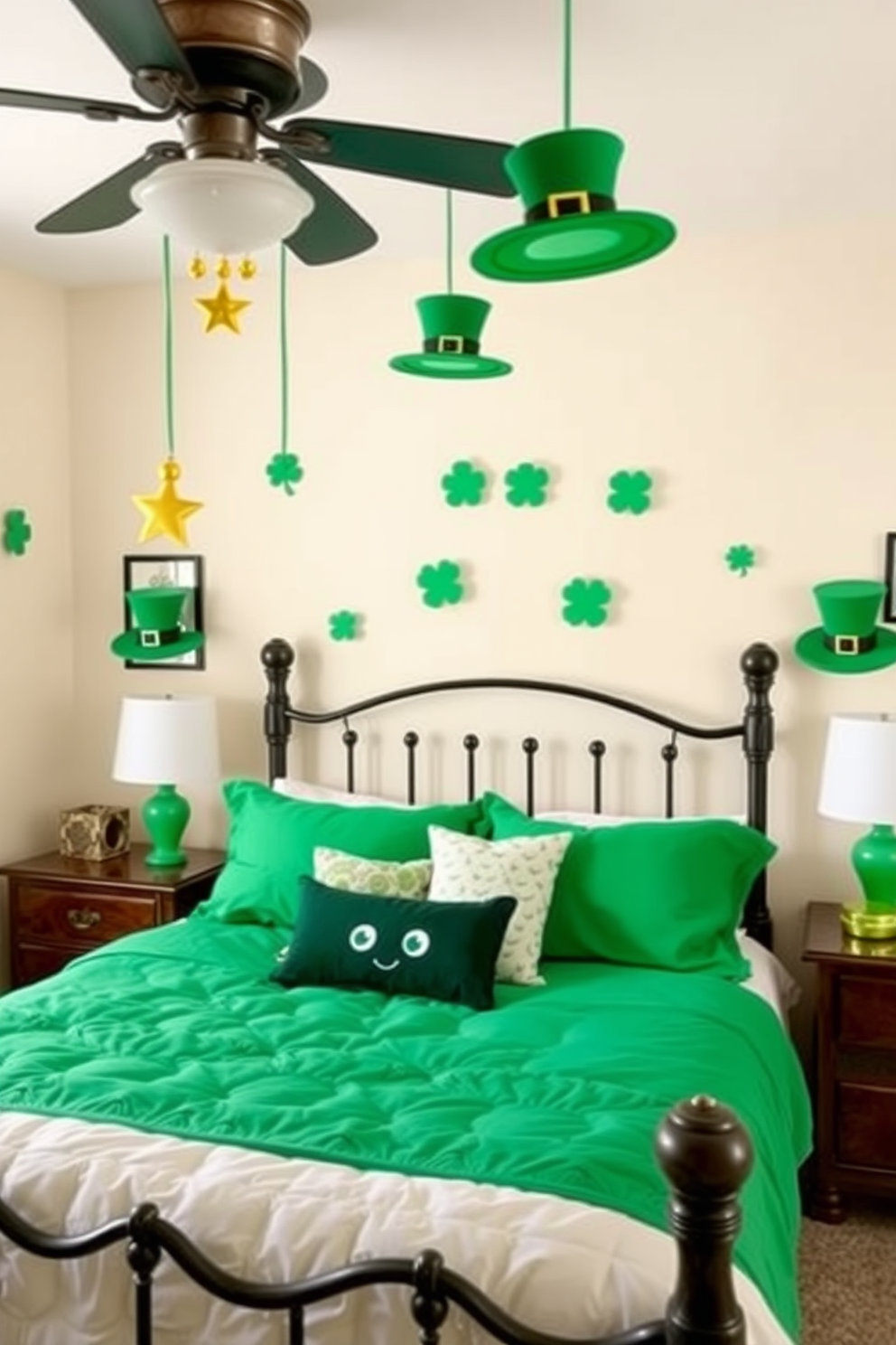 A whimsical bedroom setting adorned with playful leprechaun hats as decor. The hats are creatively placed on the bedposts and hanging from the ceiling, adding a festive touch to the St. Patrick's Day theme.