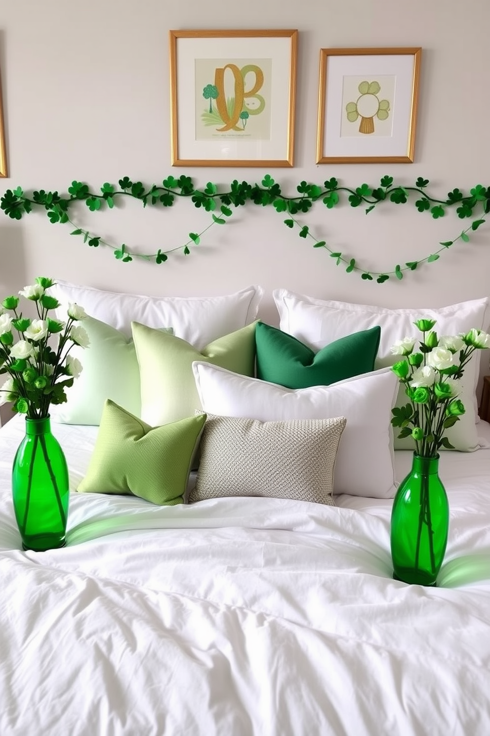 A serene bedroom adorned with fresh flowers in vibrant green vases placed on each nightstand. The bedding features shades of white and soft green, creating a tranquil atmosphere perfect for relaxation. St. Patrick's Day decorations add a festive touch with garlands of shamrocks draped across the headboard. Subtle accents of gold and green are incorporated into decorative pillows and wall art, enhancing the celebratory theme.