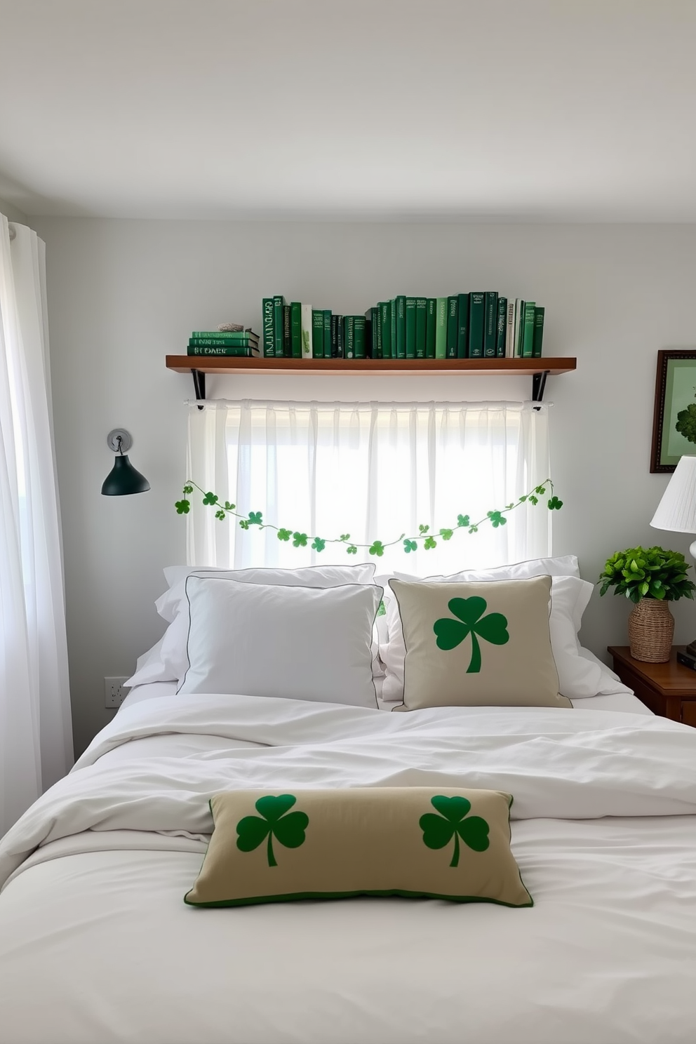 A cozy bedroom adorned with decorative green books neatly arranged on wooden shelves. The shelves are positioned above a plush bed dressed in soft white linens, creating a serene atmosphere for relaxation. The room features subtle St. Patrick's Day decorating ideas, including small green accents like shamrock-themed cushions and a festive garland draped across the headboard. Natural light filters through sheer curtains, enhancing the cheerful ambiance of the space.