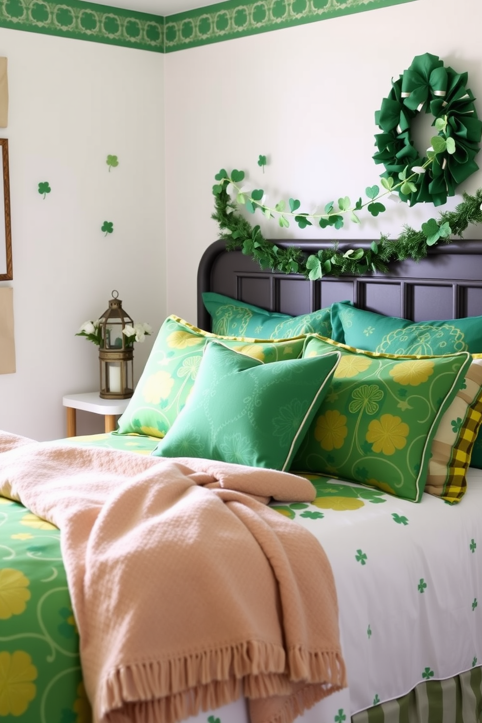 A cozy bedroom featuring a St. Patrick's Day themed bedding set with vibrant green and gold patterns. The bed is adorned with plush pillows and a soft throw blanket, creating a festive yet comfortable atmosphere. The walls are decorated with subtle shamrock accents, while a cheerful garland of green and white hangs above the headboard. A small side table holds a decorative lantern and a few fresh flowers, enhancing the room's charm and holiday spirit.