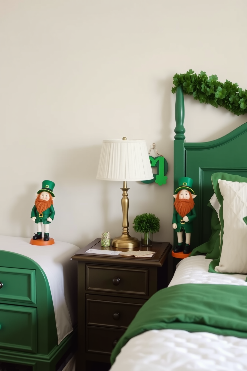 A cozy bedroom adorned with leprechaun figurines placed on each nightstand. The nightstands are painted a rich green, complementing the festive St. Patrick's Day theme.