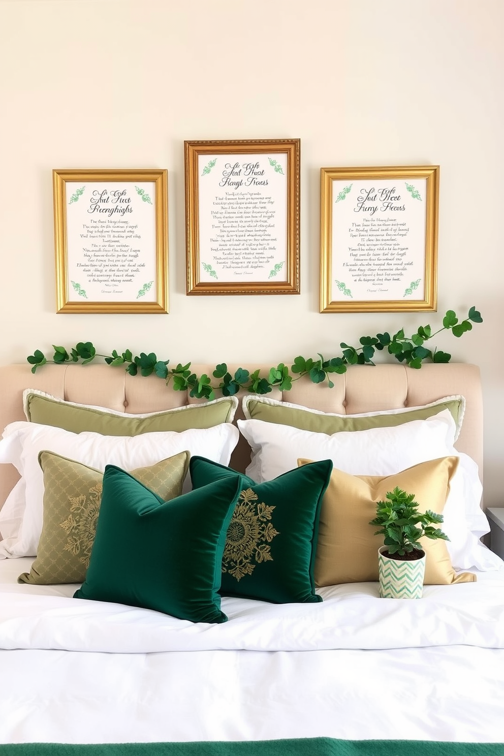 Create a cozy bedroom setting adorned with Irish blessing prints in elegant frames. The prints are displayed on a soft pastel wall, complementing plush bedding and accent pillows in shades of green and gold. Incorporate festive St. Patrick's Day decorating ideas throughout the space. Add subtle touches like a garland of shamrocks above the bed and a small potted plant with a decorative pot on the nightstand.