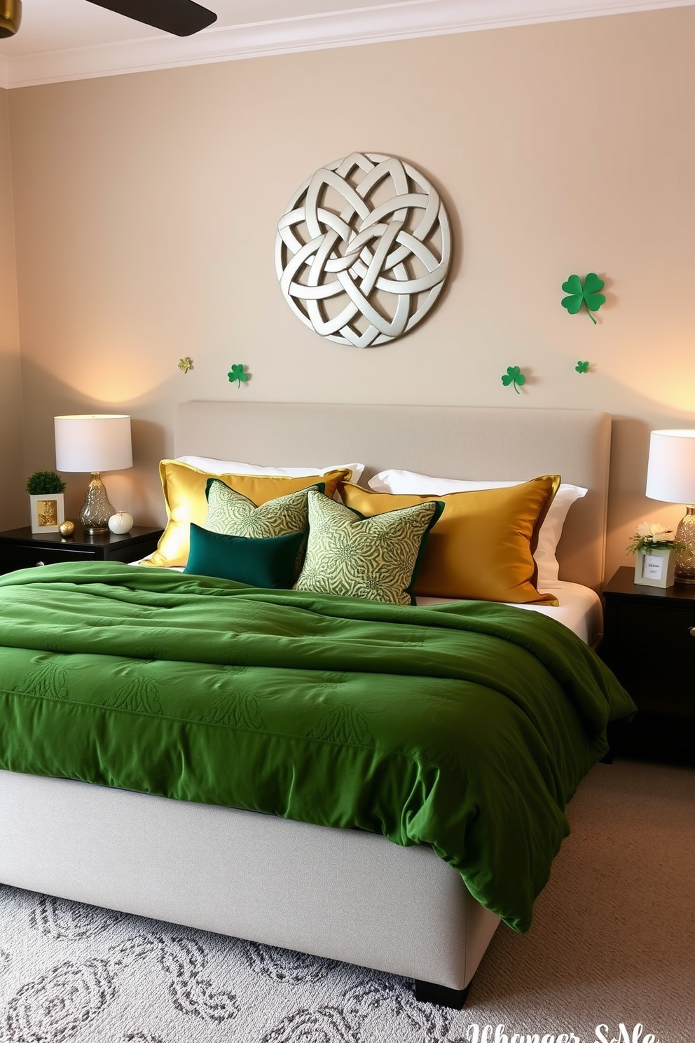 A cozy bedroom featuring a large bed with a plush green duvet and decorative pillows in shades of gold and cream. Above the bed, there is a stunning Celtic knot wall art piece that adds a touch of elegance and cultural charm. The room is adorned with subtle St. Patrick's Day decorations, including small green accents and tasteful shamrock motifs. Soft lighting creates a warm and inviting atmosphere, perfect for celebrating the holiday while maintaining a sophisticated look.