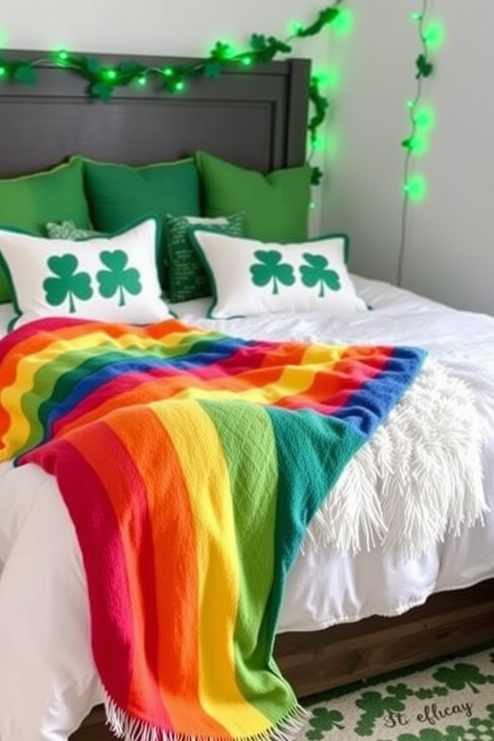 A cozy bedroom setting featuring a rainbow throw blanket draped over a plush bed. The blanket adds a vibrant pop of color, inviting warmth and comfort to the space. Incorporate St. Patrick's Day decorations with green accents and festive elements. Shamrock-themed pillows and a garland of green lights create a cheerful atmosphere for the holiday.