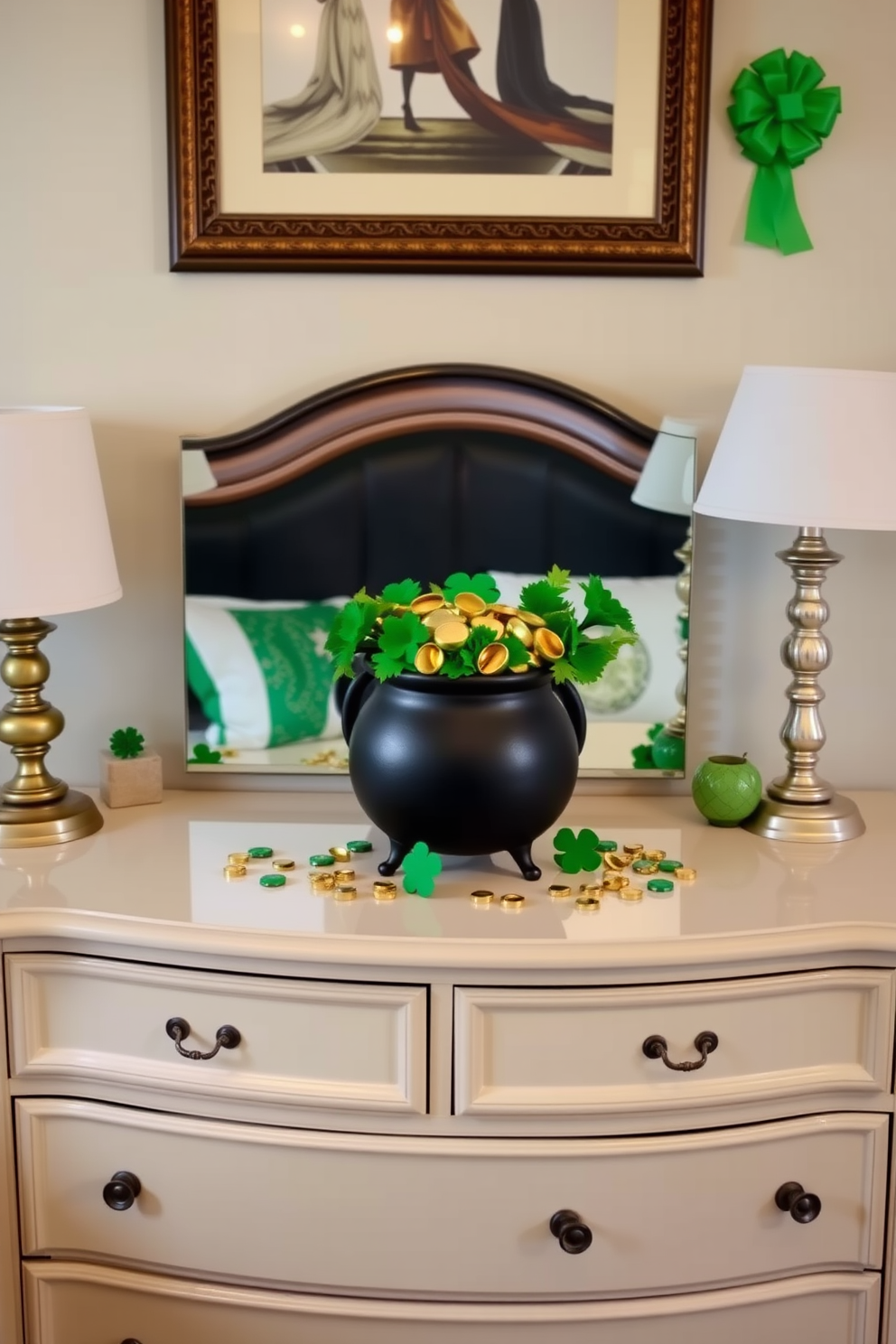 A beautifully styled dresser adorned with a pot of gold centerpiece. The pot is surrounded by green and gold accents, creating a festive St. Patrick's Day atmosphere in the bedroom.