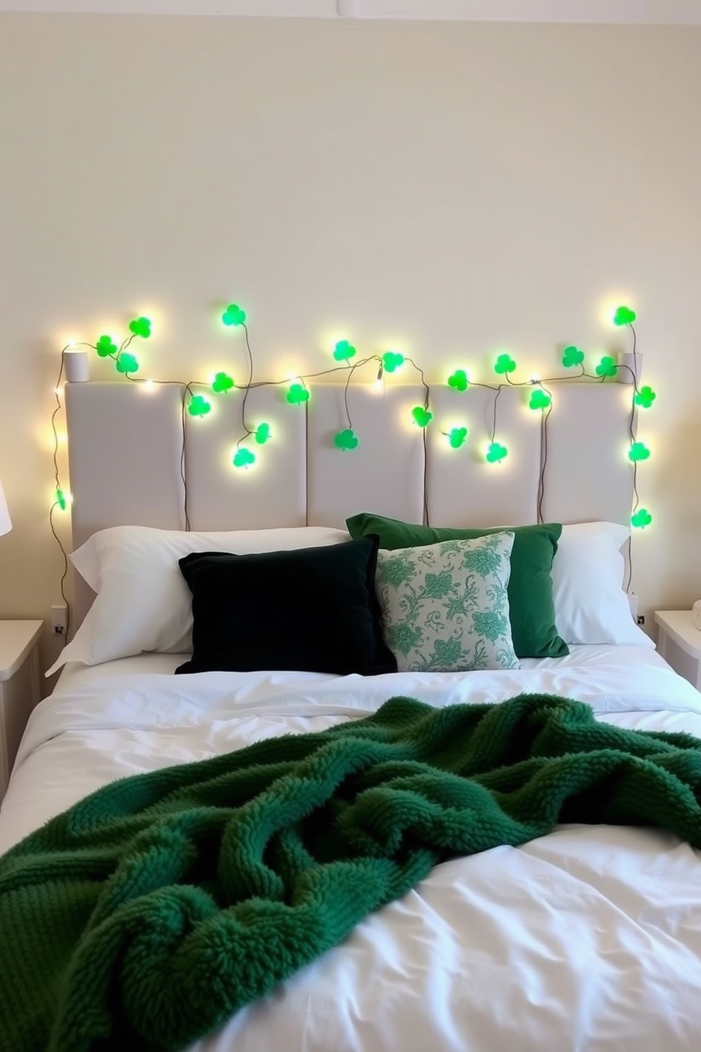 A cozy bedroom adorned for St. Patrick's Day featuring string lights in shamrock shapes draped across the headboard. The walls are painted a soft cream color, and a plush green throw blanket is casually placed on the bed.