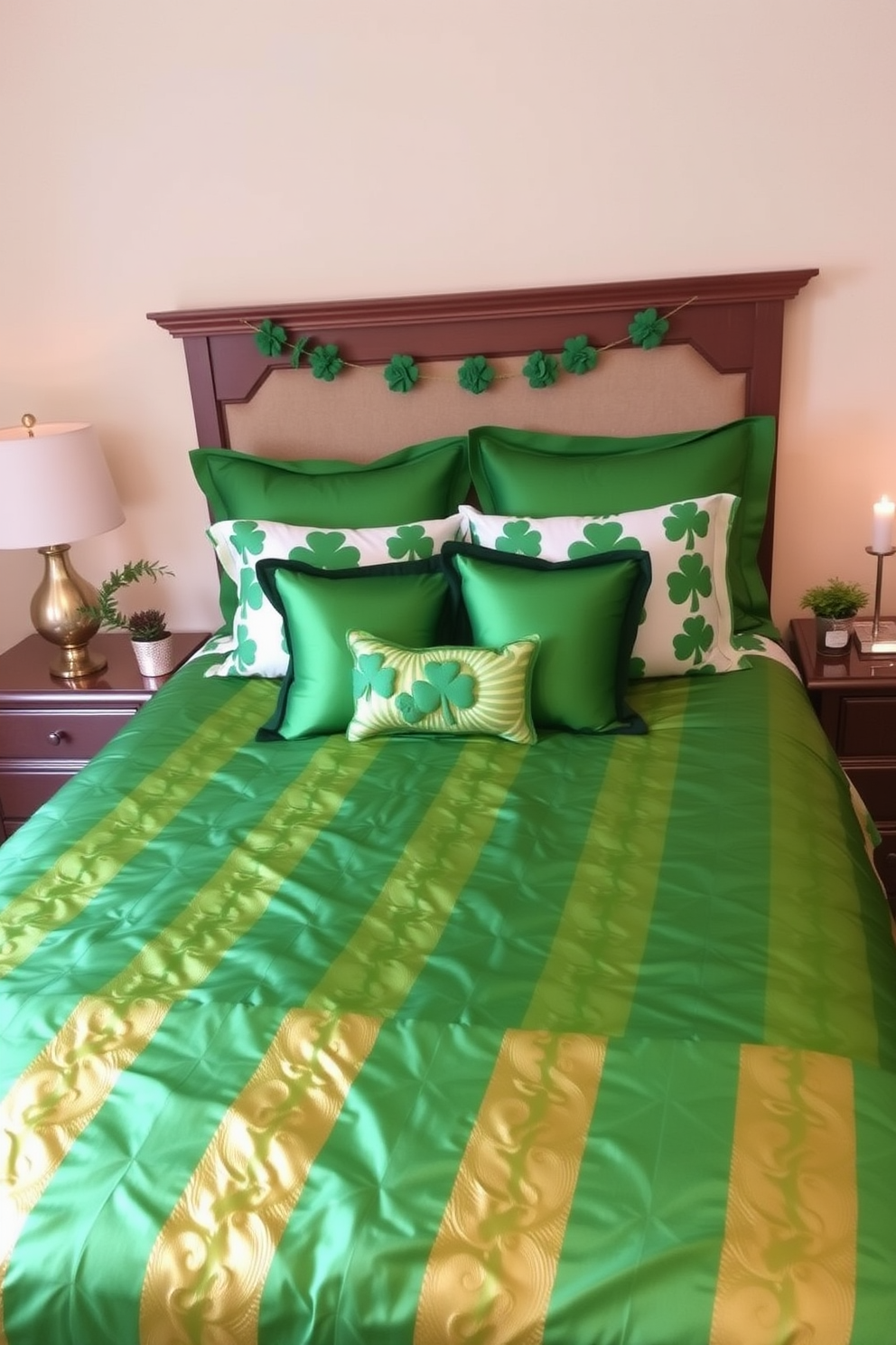 A festive bedroom setting designed for St. Patrick's Day. The bed is adorned with a vibrant green and gold bedspread, complemented by decorative pillows featuring shamrock patterns. On the nightstands, there are small potted plants and candles that add a warm glow. The walls are painted a soft cream color, enhancing the celebratory atmosphere of the room.