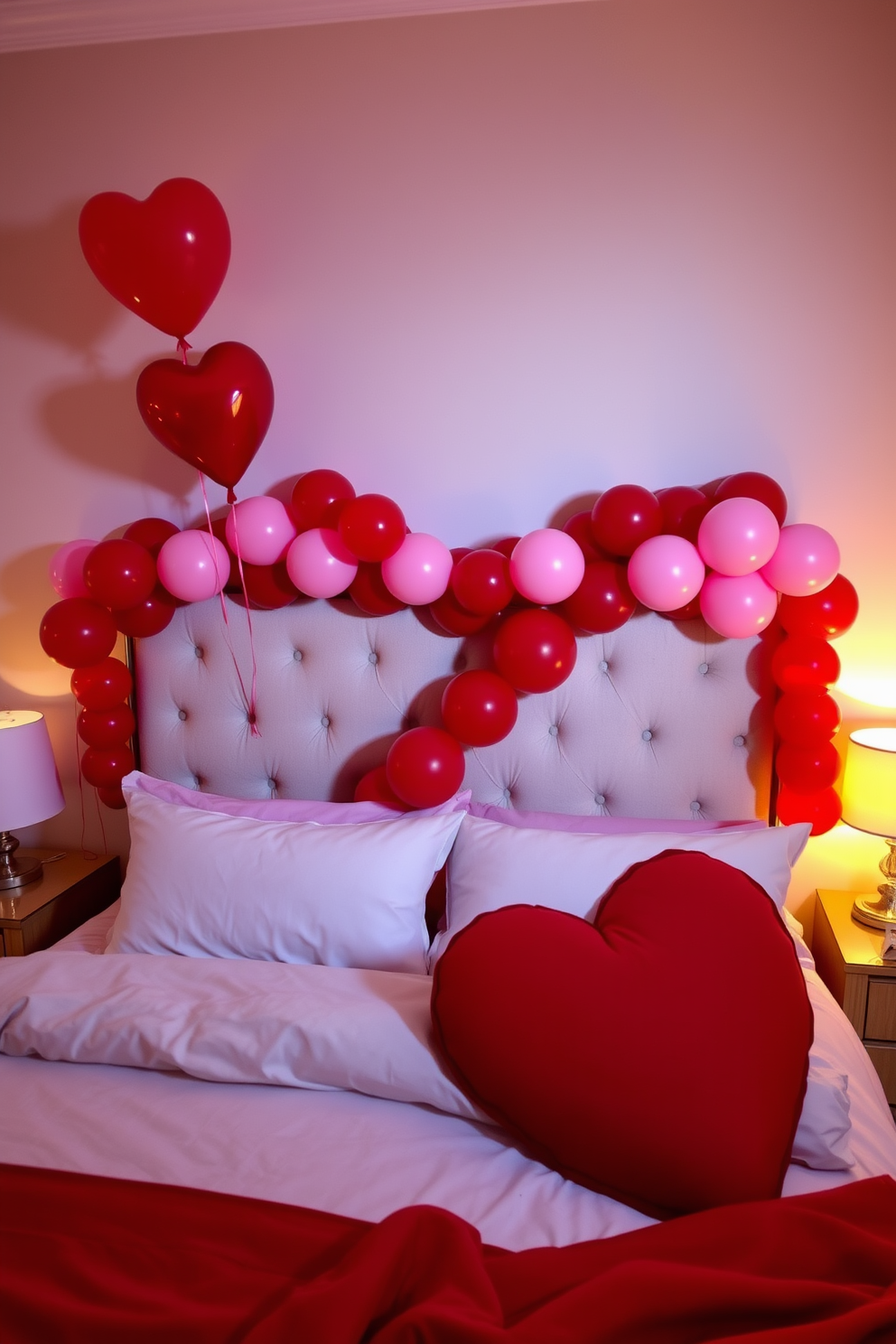 A romantic bedroom setting adorned with a stunning red and pink balloon garland draped elegantly across the headboard. Soft lighting enhances the cozy atmosphere, creating a perfect backdrop for a Valentine's Day celebration.